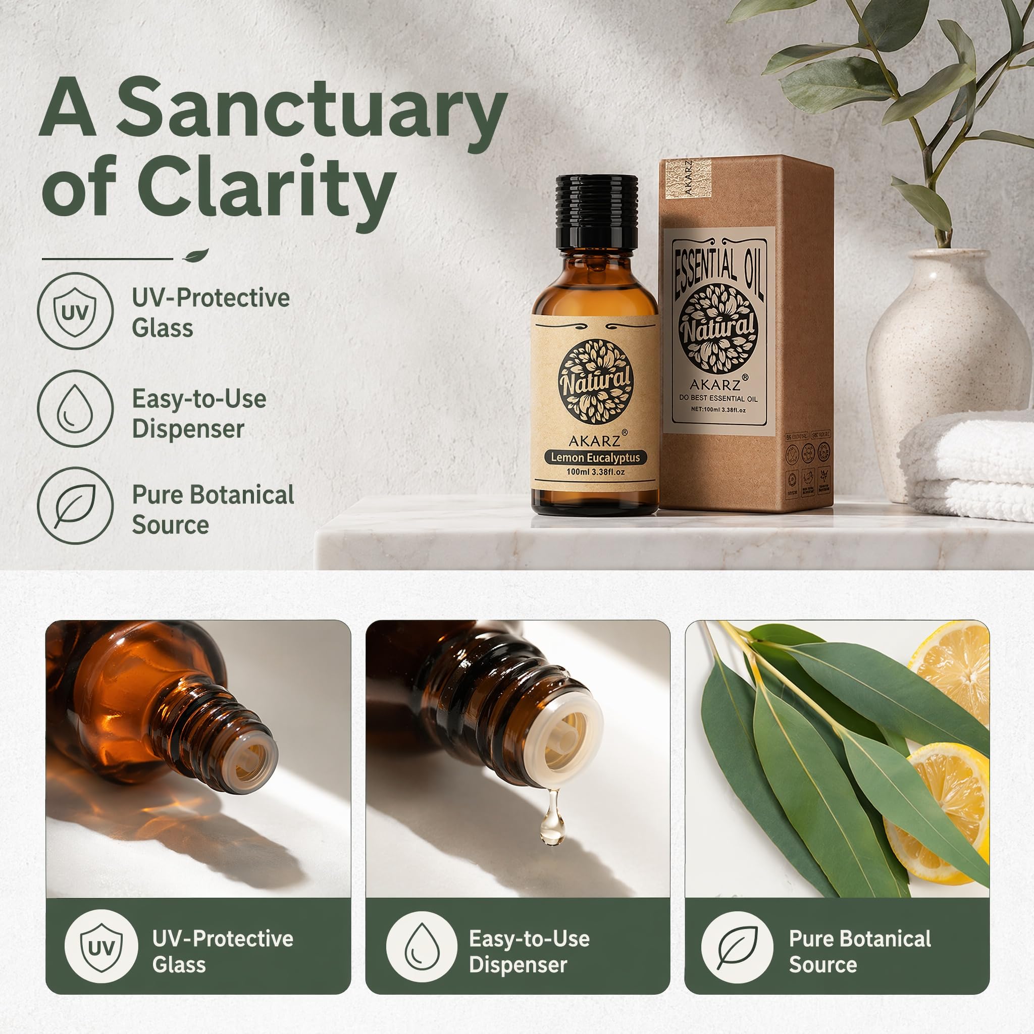 AKARZ 100ml Olejek esencjny z Eukaliptusa Cytrynowego - Naturalny olejek aromatyczny do dyfuzorów, lamp aromatycznych i aromatów pomieszczeń