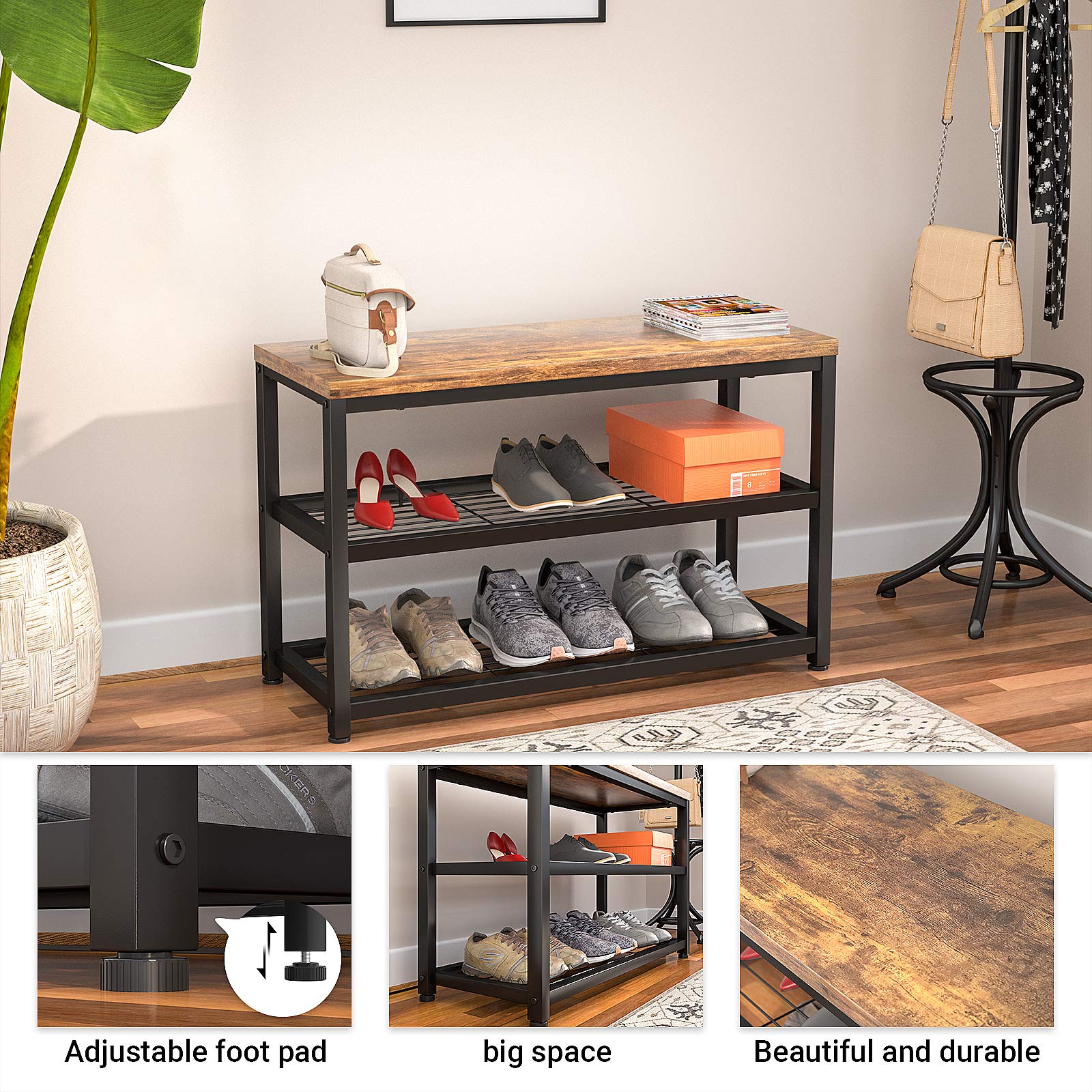 Homfio Shoe Rack, 3 Tier Shoe Rack Bench, Industrial Shoe Storage Organizer, Entry Bench, 3Tier