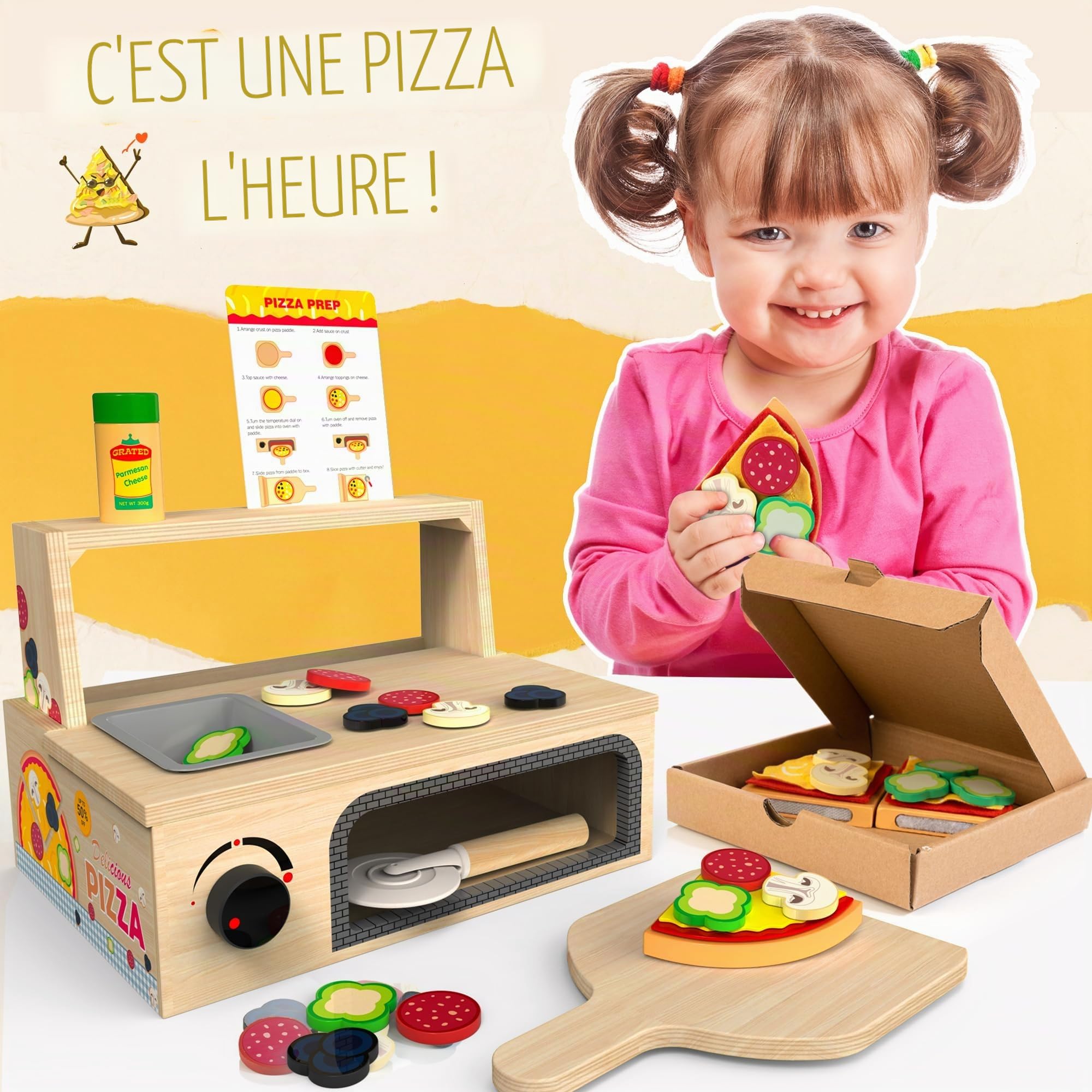 Jouet à pizza en bois 48 pcs Montessori faire semblant de jouer à la nourriture pour les enfants de 3 ans et + jouet d’apprentissage éducatif avec four de cuisson cadeau d’anniversaire de Noël pour