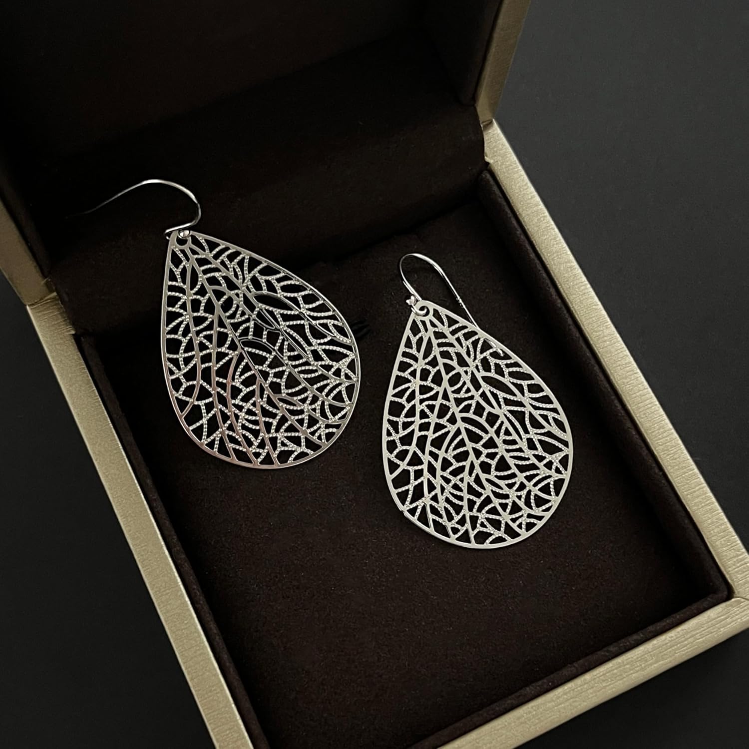Handmade Filigree Teardrop Dangling Earrings for Women, 925 Sterling Silver Hooks Exquisite Leaf Earrings for Gift - Image 3