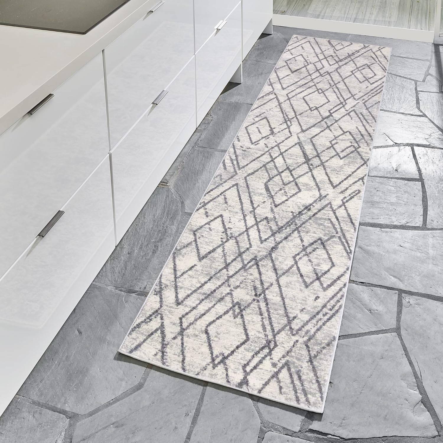 Gertmenian 19603 Boho Abstract Rug III Modern Living Room Kitchen Bohemian Area Carpet, 2x8 Runner, Gray Beige Geometric Diamond Vintage