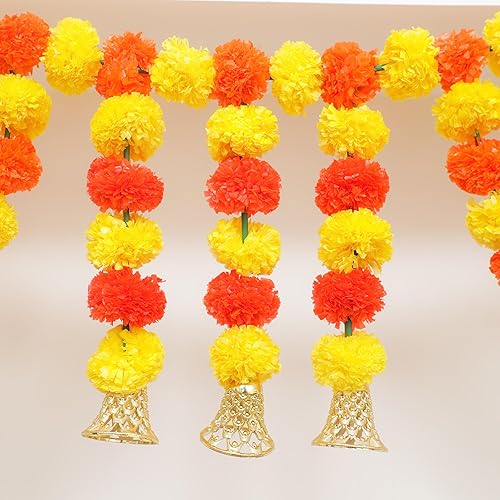 Miniatura 3 de Toran colgante de puerta de caléndula amarilla naranja de 5 pies - Thorans indio - Guirnalda de flores útiles para Pooja Mandir, puerta, decoración