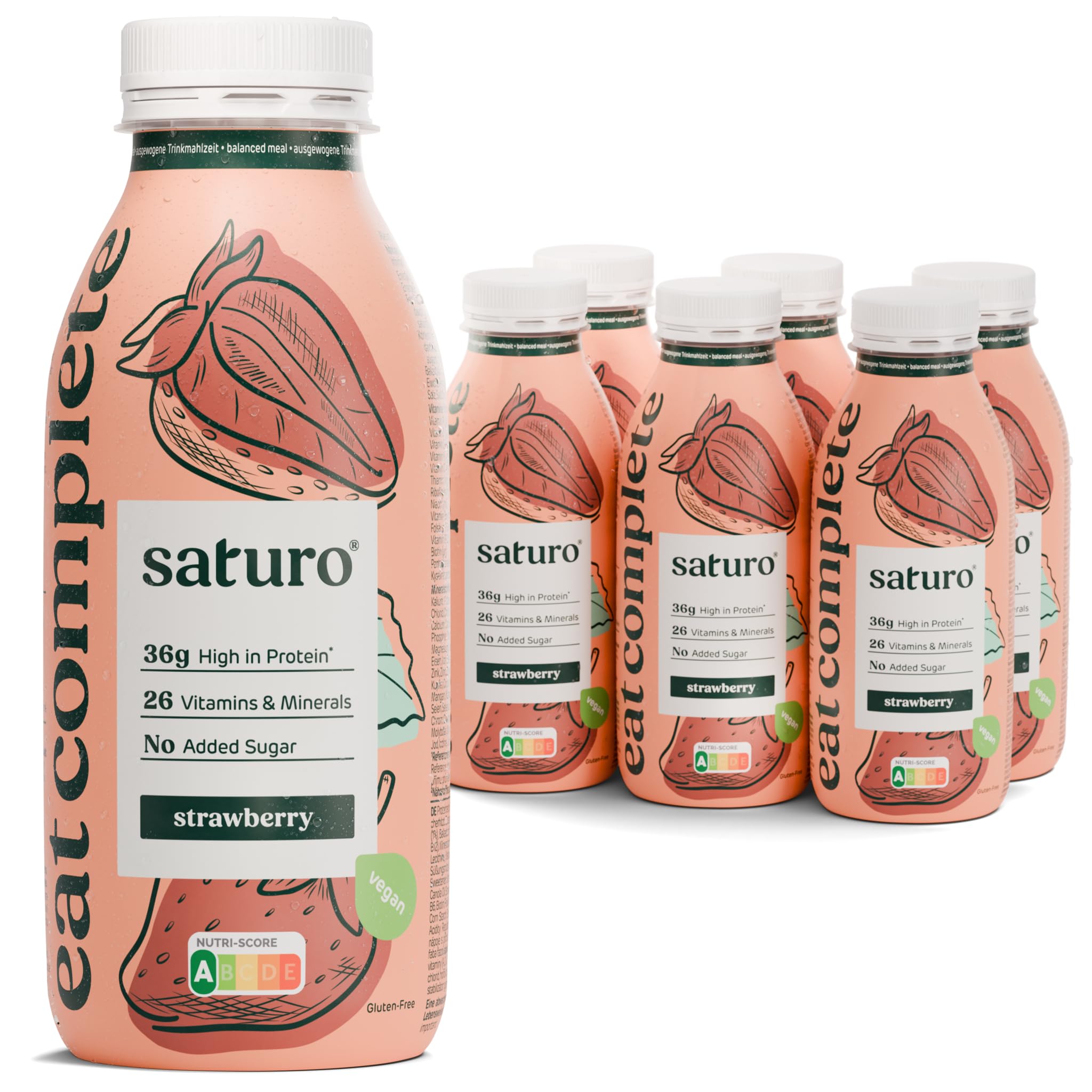 Saturo Astronautennahrung Strawberry | Trinkmahlzeit | 36 g Protein, zuckerfrei, 400 kcal | Trinknahrung Mit Wertvollen Nährstoffen | 6 x 400 ml