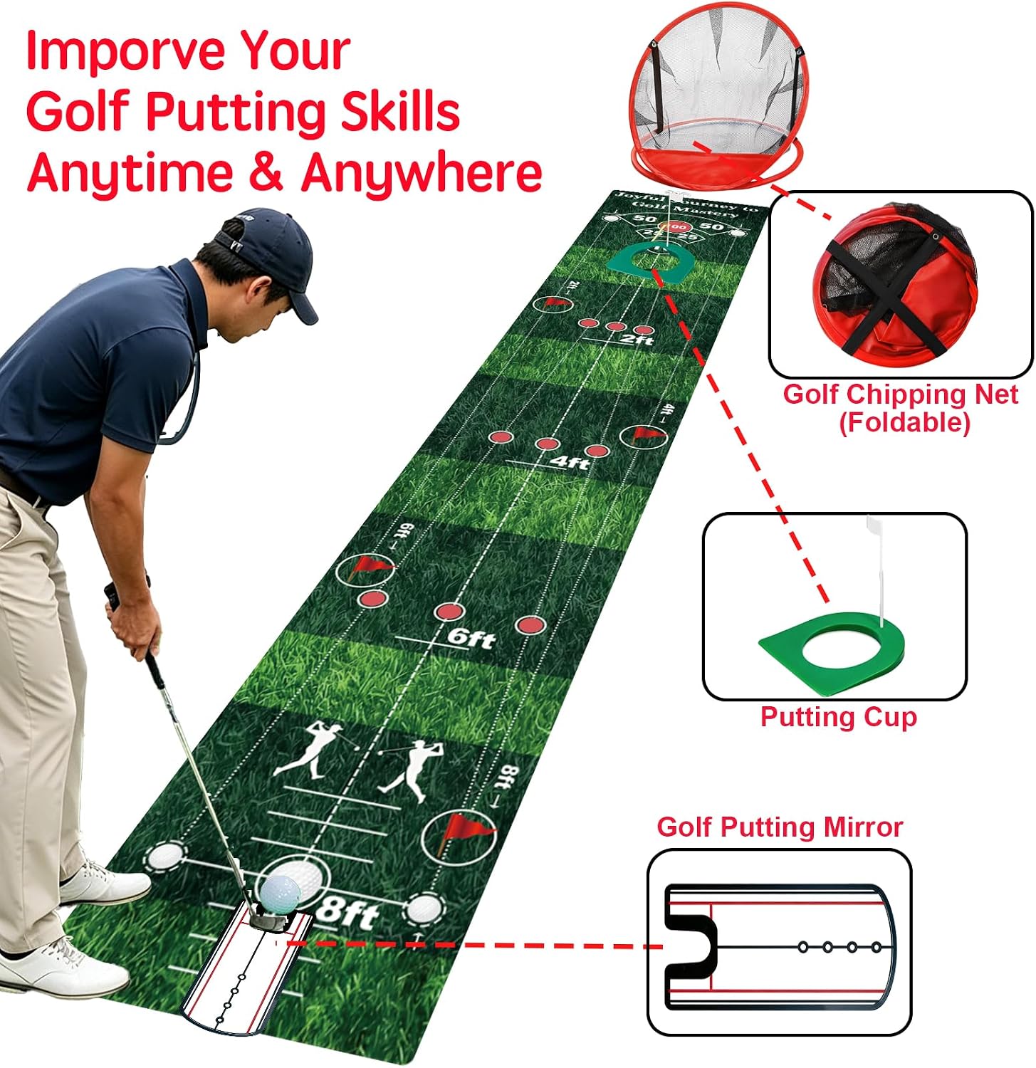 Golf Training Equipment, Portable Putting Green Mat, Golf Practice | Golf Practice Aids with Training Mat, Chipping Net, Putting Mirror and Putting Cup, practice for Home or Office