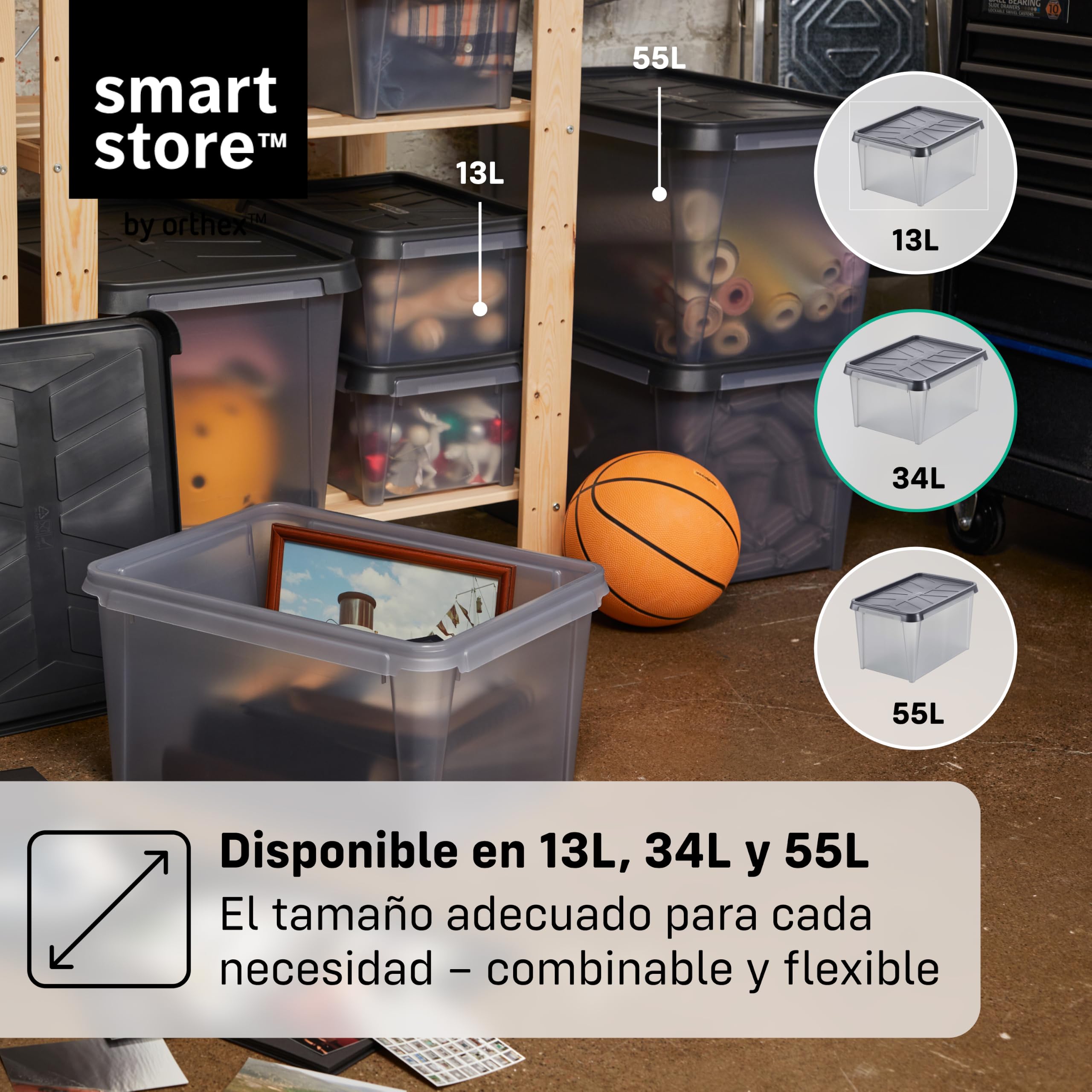 SmartStore Caja Almacenaje con Tapa 34 L I Pack 6 Cajas Apilables I 50 x 40 x 27 cm I Impermeable, Antipolvo I Garaje, Trastero, Sótano I Apta Alimentos I Made in Sweden 10 Años