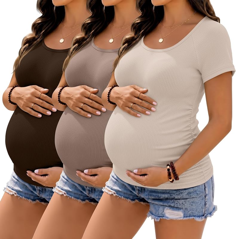 3 Pack Women's Maternity Tops | Ribbed, Cotton, Pregnancy Shirts, Short Sleeve, Side Ruched, Casua,l Scoop Neck, Mama Tees, Basic, Work