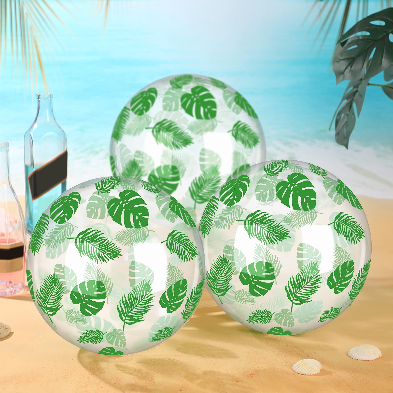 24 bolas de playa inflables tropicales de 12 pulgadas, bolas de hojas de palma transparentes, decoraciones de despedida de soltera, fiestas de Luau, decoraciones hawaianas para bodas, 5