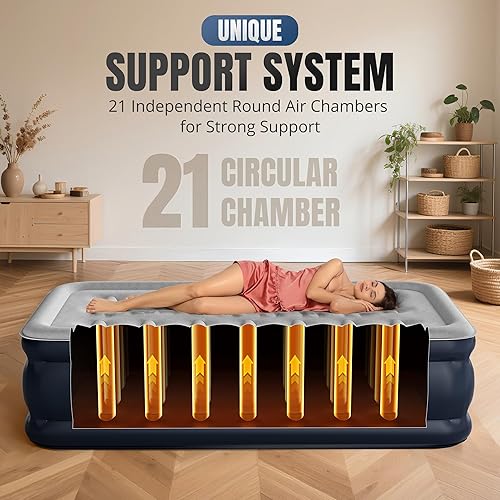 Miniatura 3 de Colchón de aire tamaño individual con bomba incorporada, colchón inflable superior de 18 pulgadas con tela flocada impermeable, cama inflable rápida