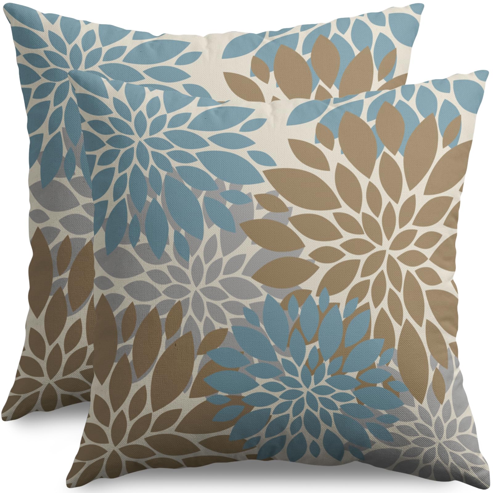 Light Brown Blue Pillow Covers 18X18 Inch Set of 2, Spring Summer Floral Dahlia Flower Cream Decorative Throw Pillow Covers Outdoor Modern Farmhouse