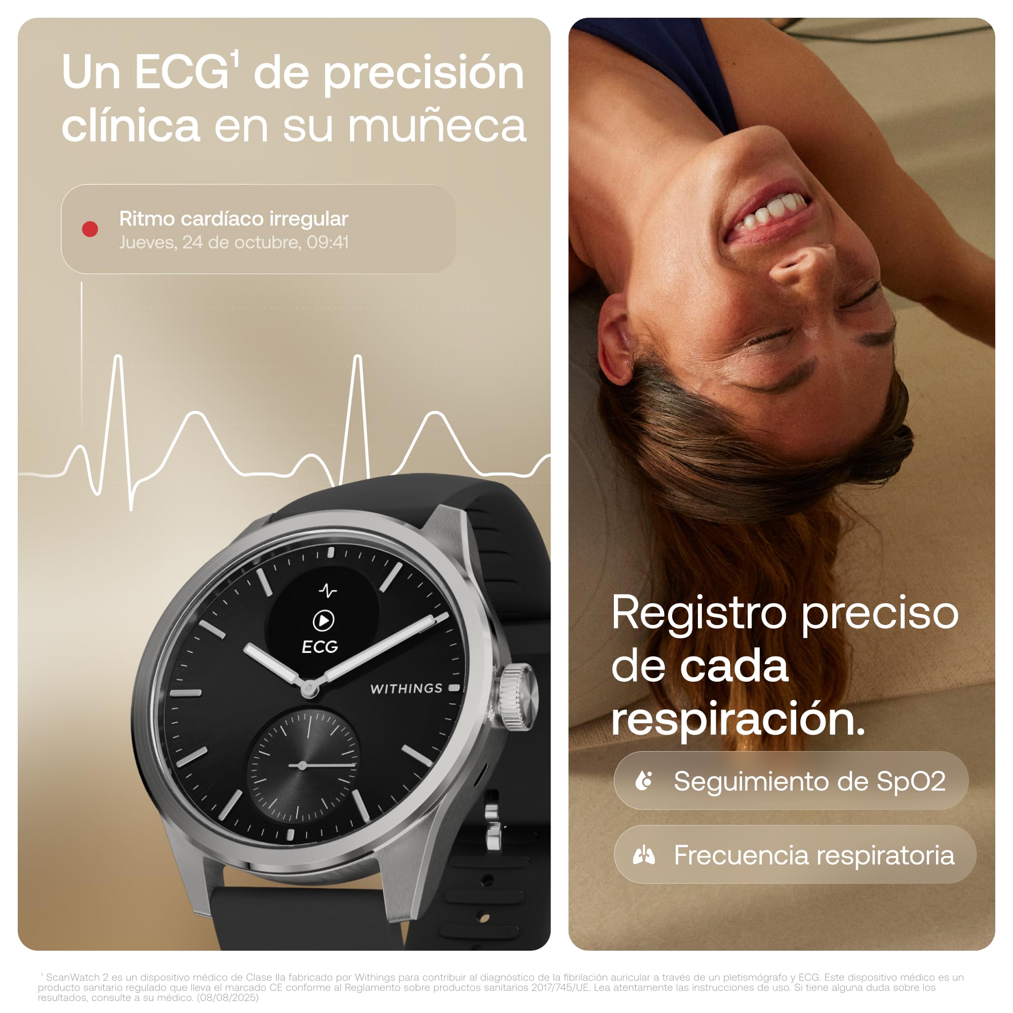 Withings ScanWatch 2, Smartwatch Híbrido, ECG, GPS, 42mm, Negro | ECG con detección de FA, puntuación del sueño, 40+ actividades detectadas, SpO2, seguimiento del ciclo menstrual