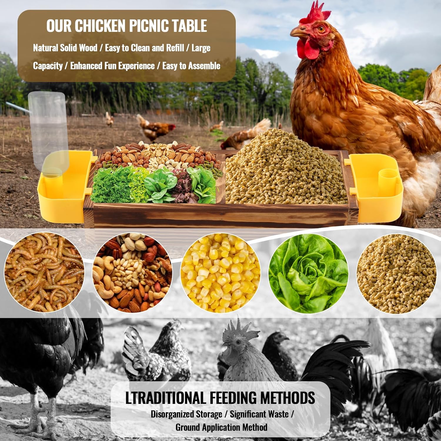 Chicken Picnic Table, Chicken Feeder No Waste Wooden Handmade Feeder Kit with 2 Automatic Gravity Water Dispenser, Handmade Poultry Wild Bird Squirrel Feeders for Chicken Coop