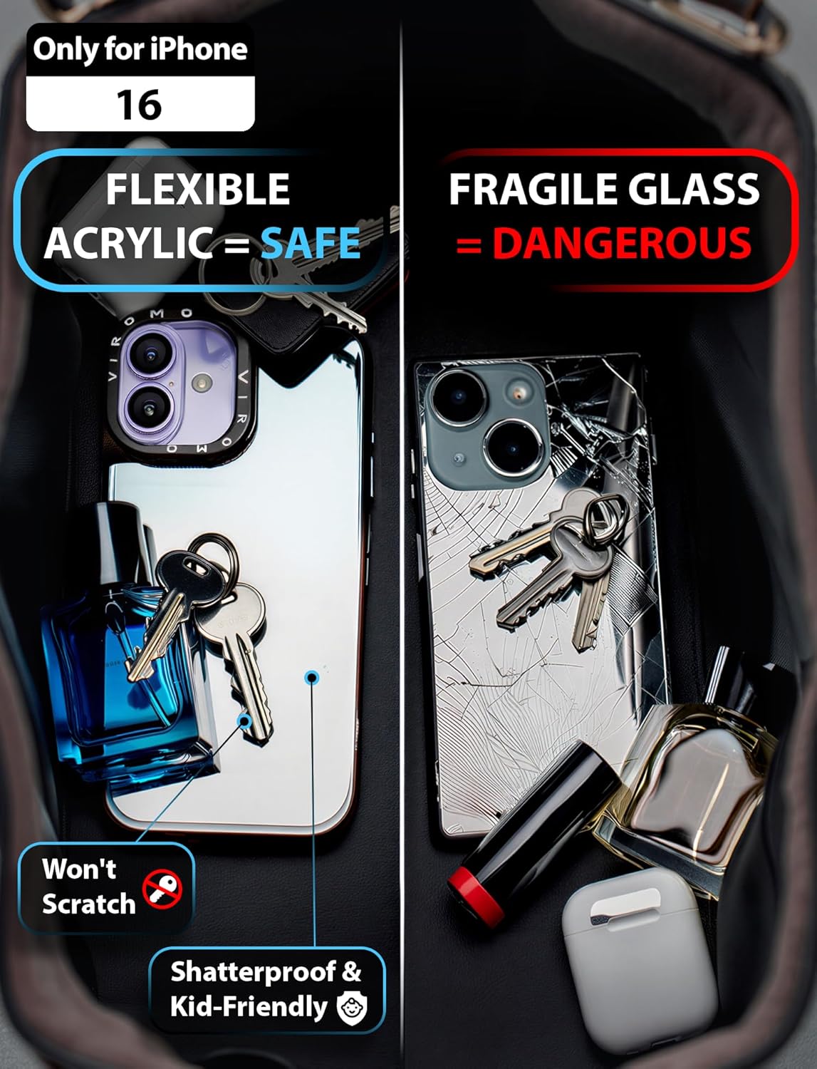 VIROMO Unbreakable Mirror Case for iPhone 16 with 2 Screen Protectors, Flexible Acrylic Not Glass Shockproof Slim Scratch Resistant Reflective Makeup Cover for Women - Image 3