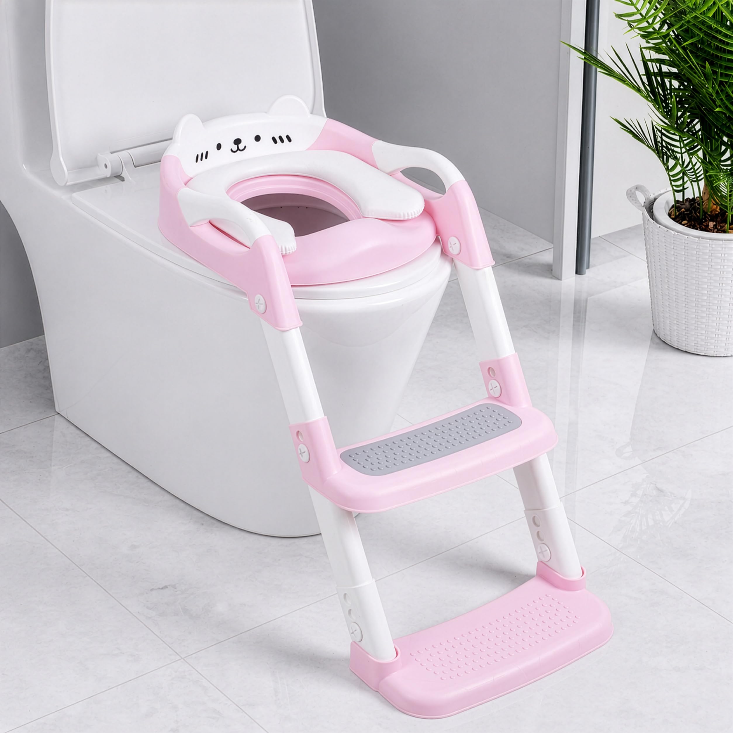 Riduttore WC Bambini, Stabile con Pedale e Maniglia, Rosa | Pedale Allungato e Antiscivolo, Facile da Montare e Riporre, Altezza Regolabile, Antischizzo Per Bambini E Bambine In Bagno