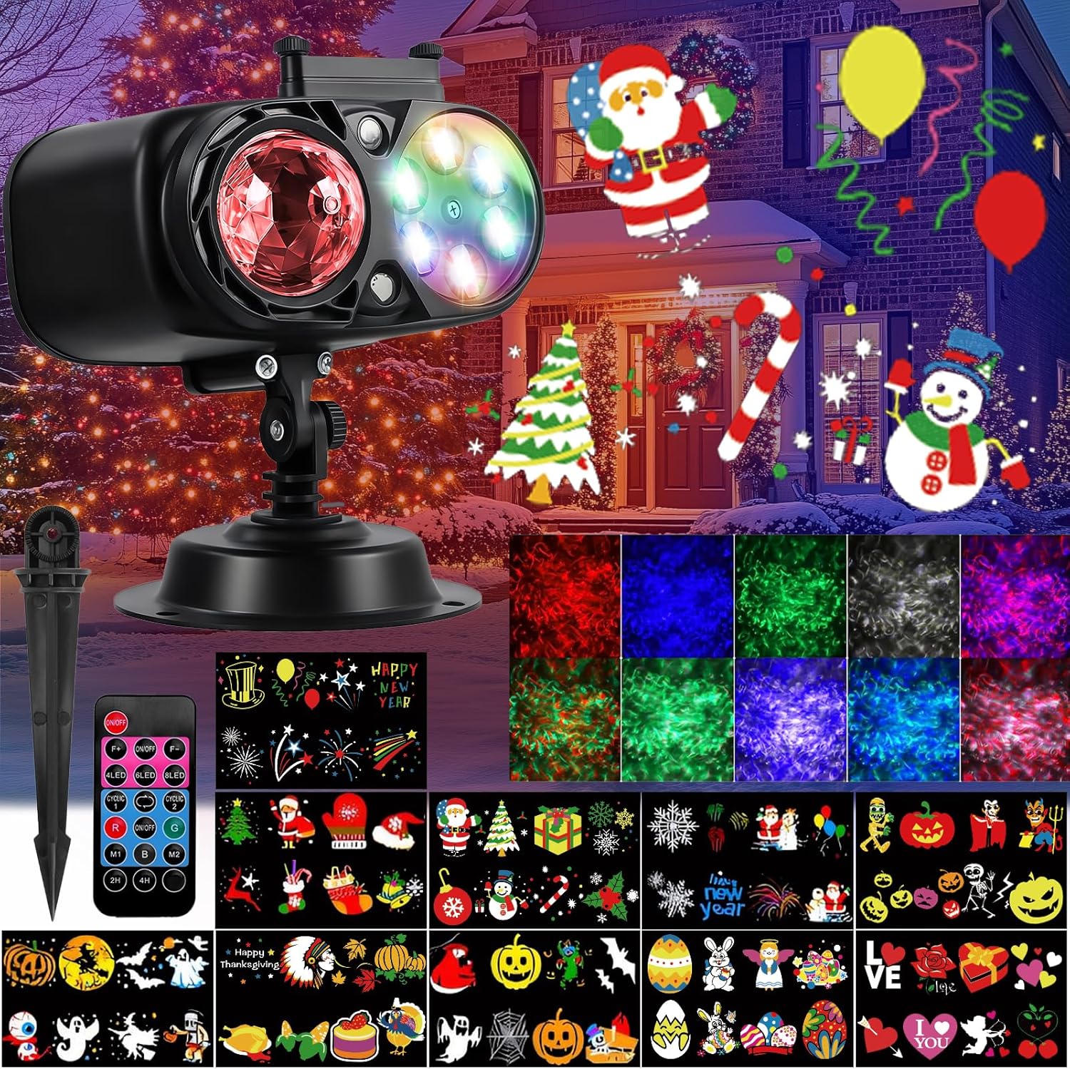 Halloween Christmas Projector Lights Outdoor, 2-in-1 HD Holiday Projector Light, Remote & Timer, 3D Ocean Wave & HD Patterns, IP65 Waterproof for Xmas Halloween Party Yard Decor (10 Slides, 10 Colors)
