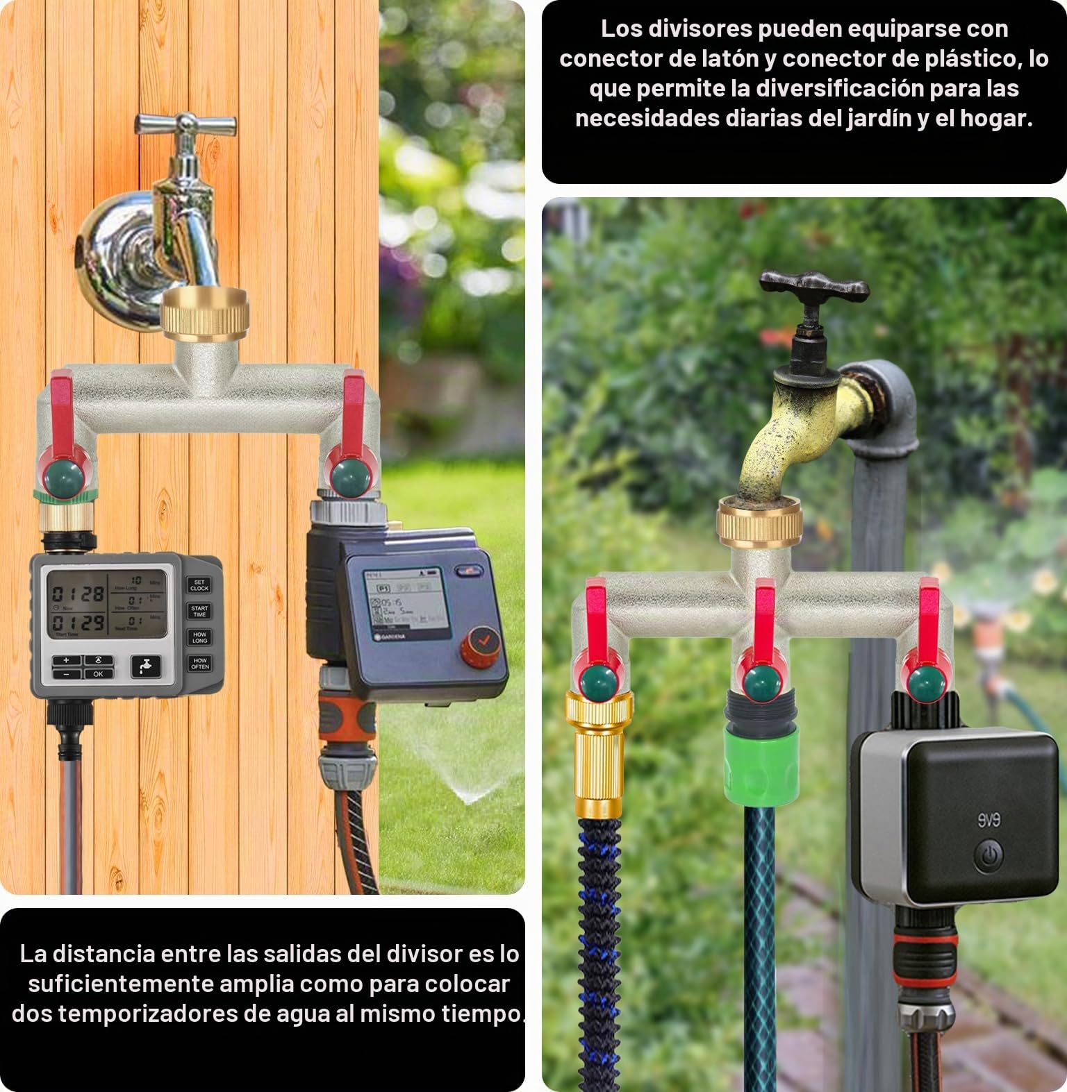Divisor de Manguera de jardín de latón, Divisor de Grifo de 1/2 Pulgada y 3/4 Pulgada, Conector de Grifo de 3 vías con válvulas de Encendido/Apagado y Mango extendido, Adaptador de Grifo
