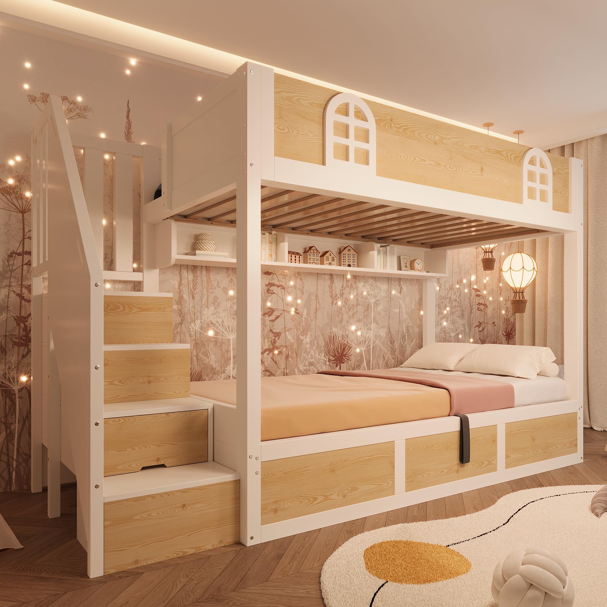 Dolamaní Letto a castello in legno 90 x 200 cm per 2 persone, con spazio di archiviazione idraulico, scala, reti a doghe e protezione anti-caduta, senza materasso (bianco + naturale B)