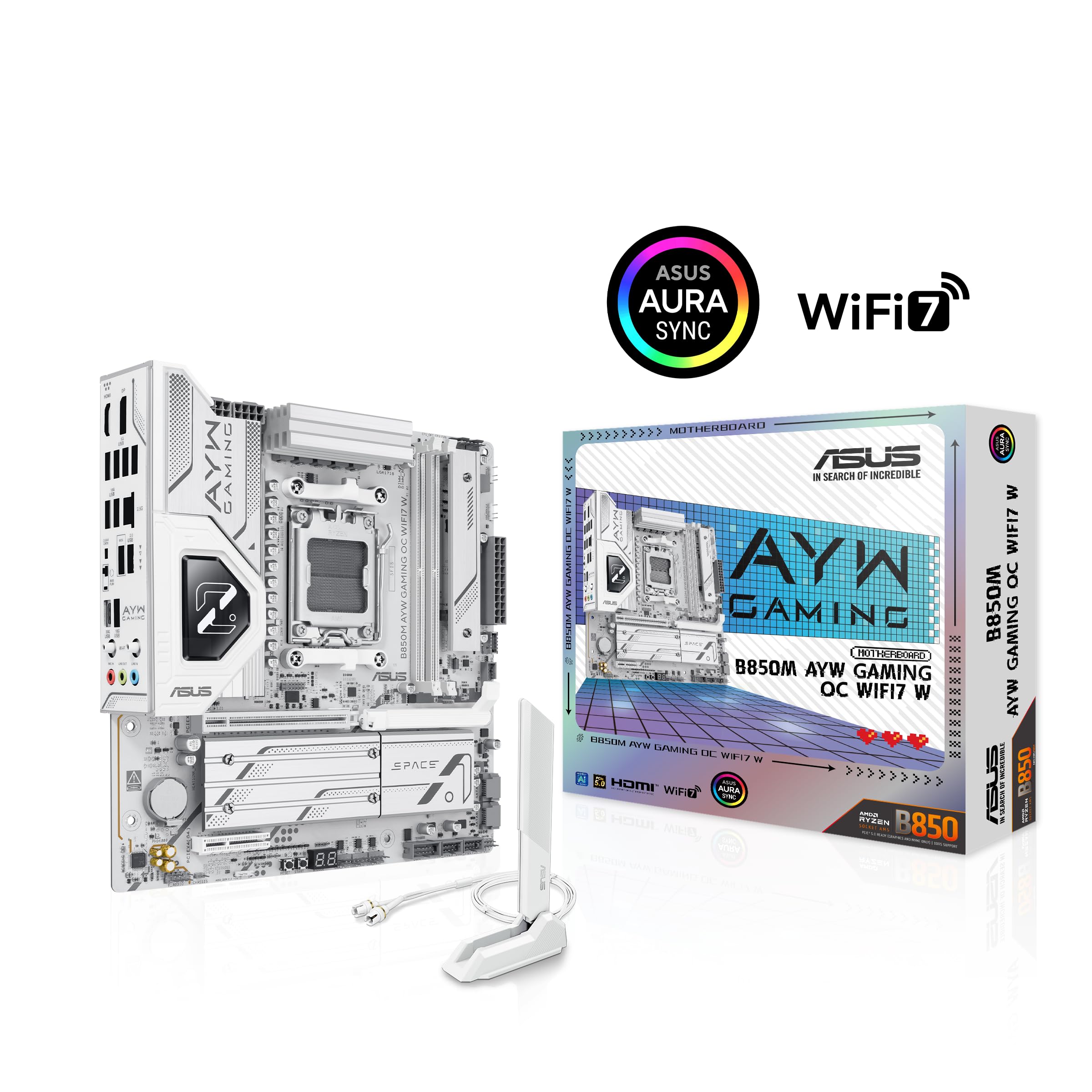 ASUS B850M AYW Gaming OC WIFI7 W, Placa Base AMD Micro-ATX, 12+2+1 Fases de alimentación, DDR5, PCIe 5.0, 3 Ranuras M.2, Wi-Fi 7, Ethernet Realtek 2.5 GB, USB-C de 20 y 10 Gbps, BIOS Flashback, Aura