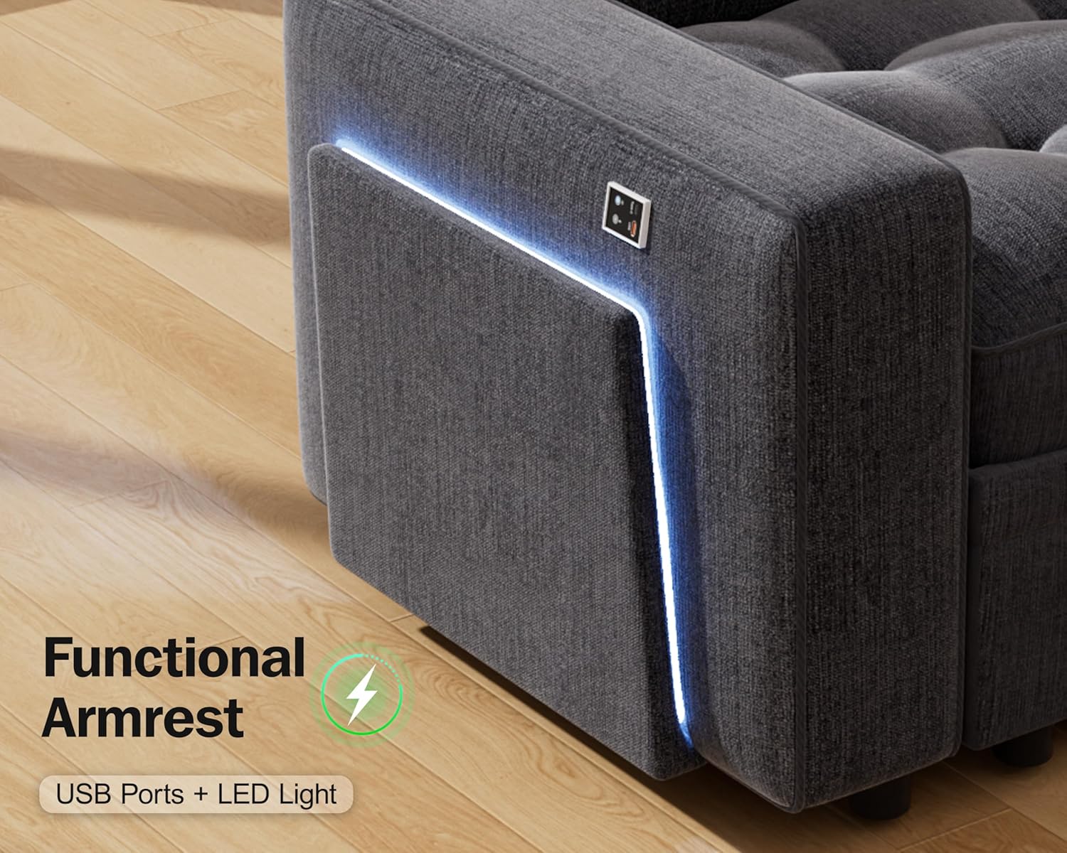 Vipbear 7 Seat L Shaped Modular Sectional Sleeper Sofa Bed with Ottoman/Pull Out Bed/Reclining Backrest/USB Ports/Table/LED Light/Storage Seat, Tool-Free Assembly, Chenille Dark Grey Dark Grey Sleeper Sofa-2
