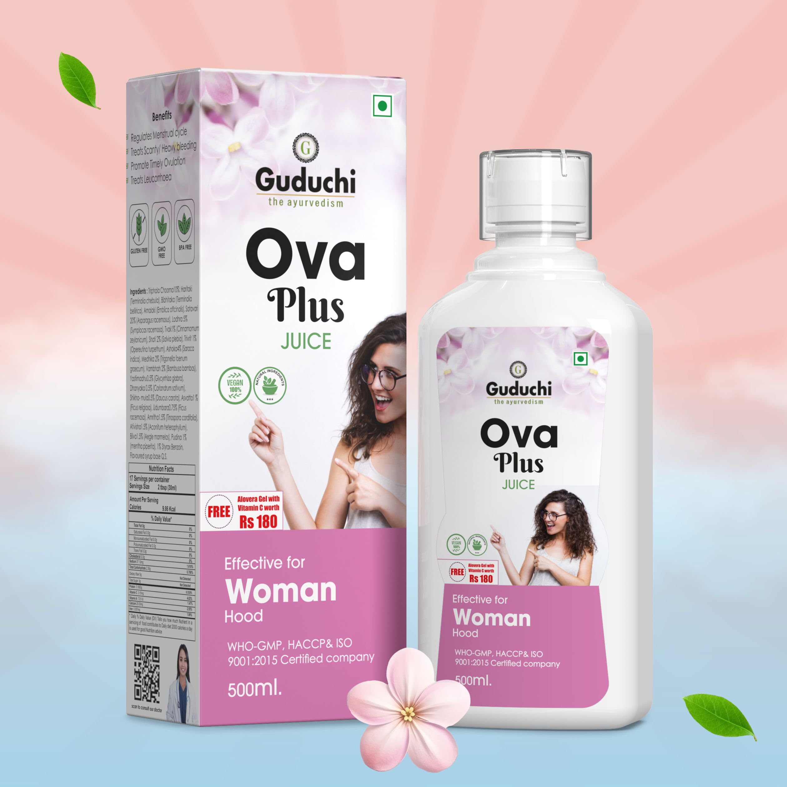 Guduchi Ayurveda Ova+ Juice Regularizes the menstrual cycle | Promoting timely ovulation | 500ML With (FREE Aloe Vera Gel with the Power of Vitamin C)