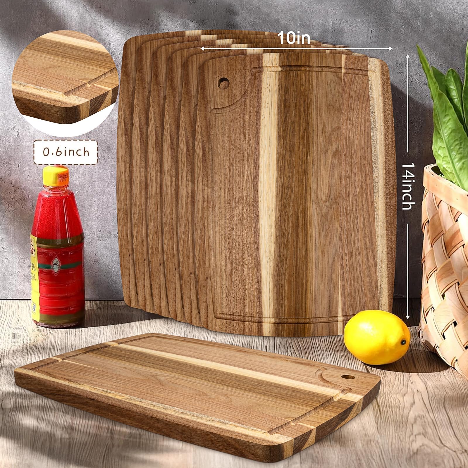 Juego de 6 tablas de cortar de madera de acacia, 35 x 25 cm, tabla de cortar de madera reversible con ranura para zumo, tabla de servir para carne, queso, pan, frutas y verduras