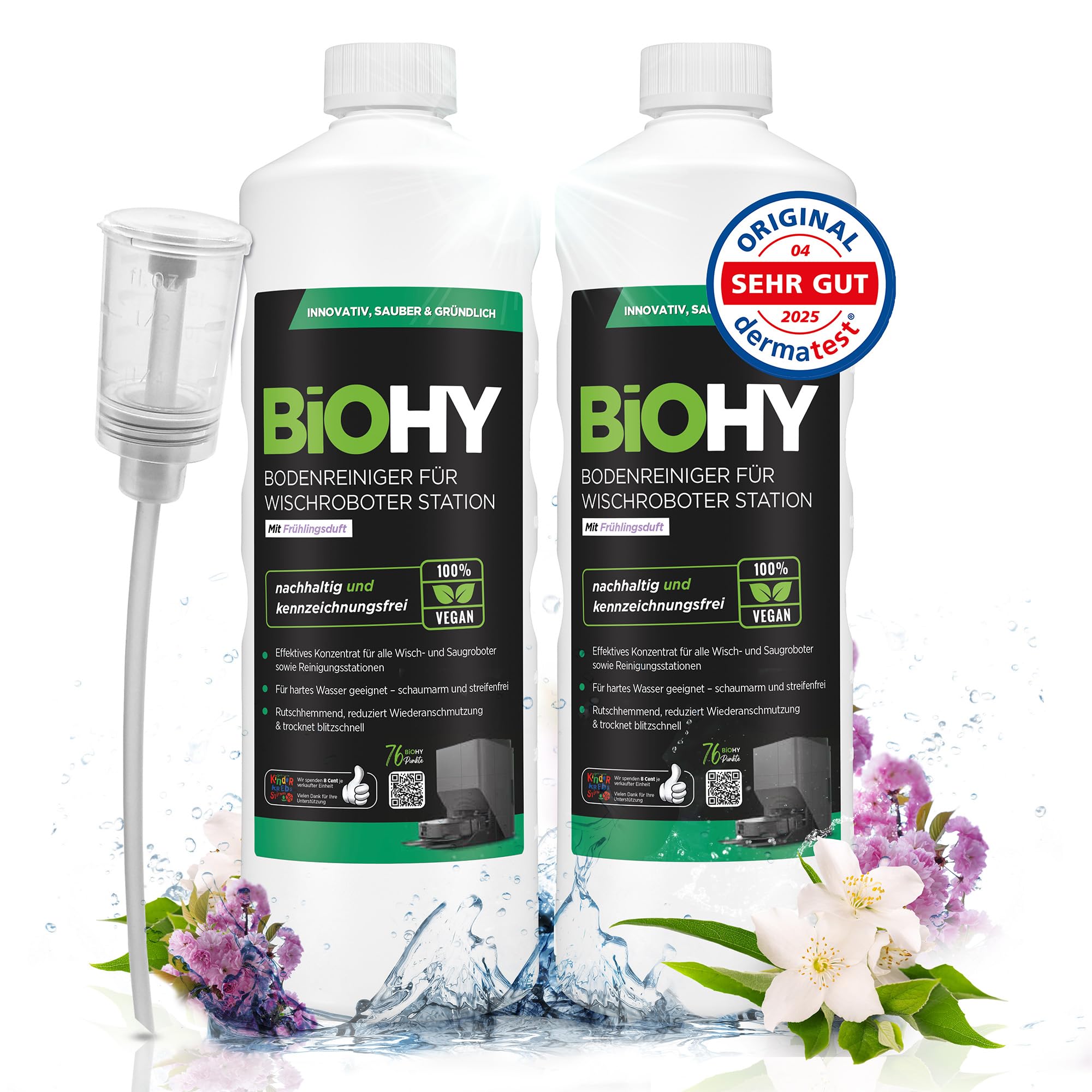 BiOHY Limpiador de suelos para robot limpiador estación con aroma primaveral (2 x 1 litro) + dosificador, detergente concentrado para todos los robots limpiadores y aspiradores con función húmeda,