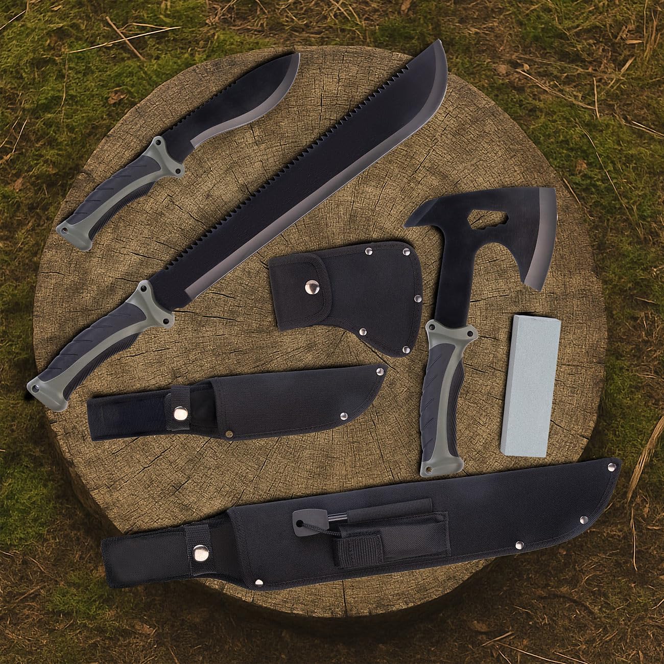 Semptec Urban Survival Technology Axt: Outdoor Survival Beil-Set inkl. Messer & Machete, 3 Gürtelscheiden (Klinge Messer, Multifunktionsset, Schleifstein)