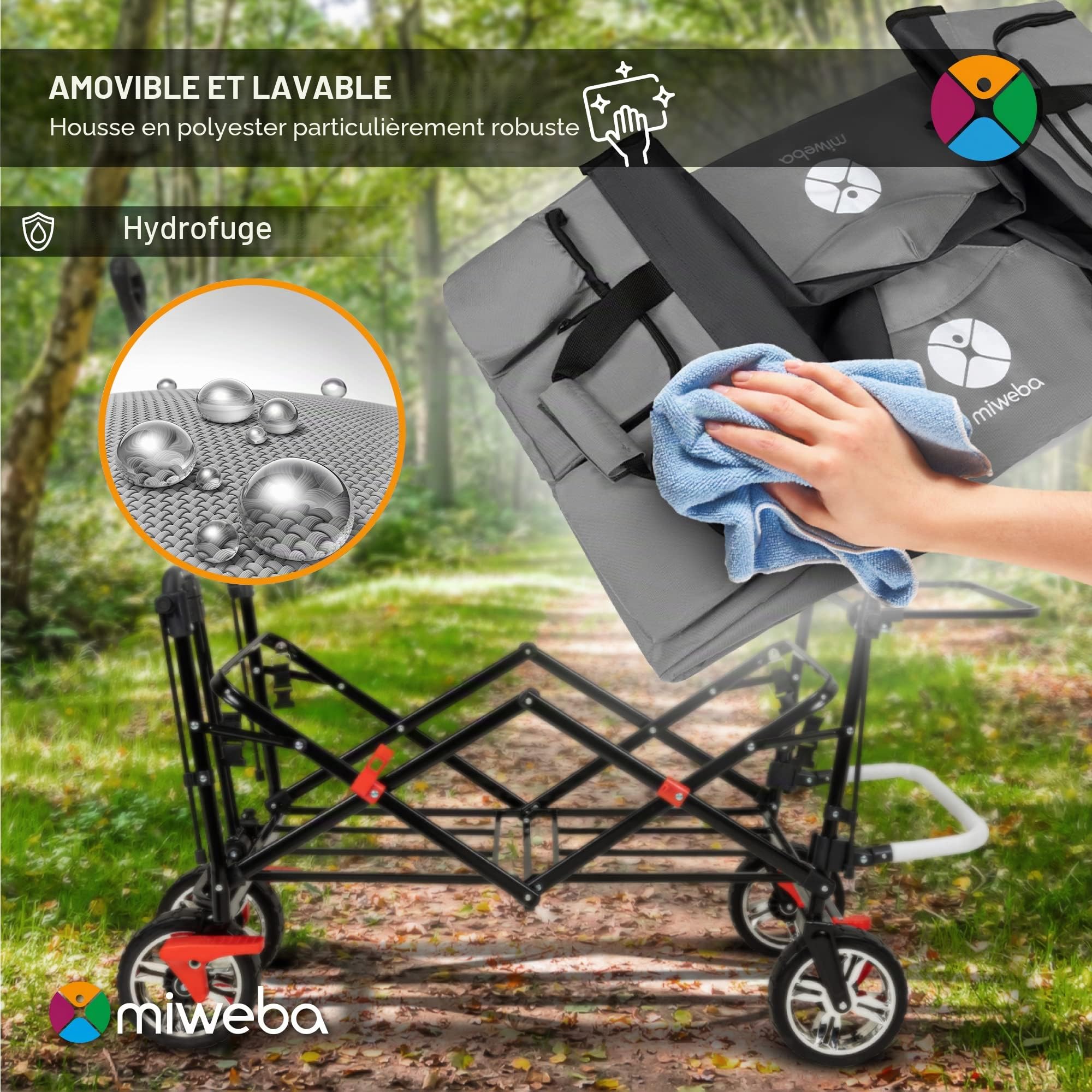 Miweba Chariot pour Enfants MB-20 - Chariot Pliable - Système de Harnais à 2X 3 Points - Frein de Stationnement - Roues en Caoutchouc Dur - Pare-Soleil avec Protection UV (LSF25)