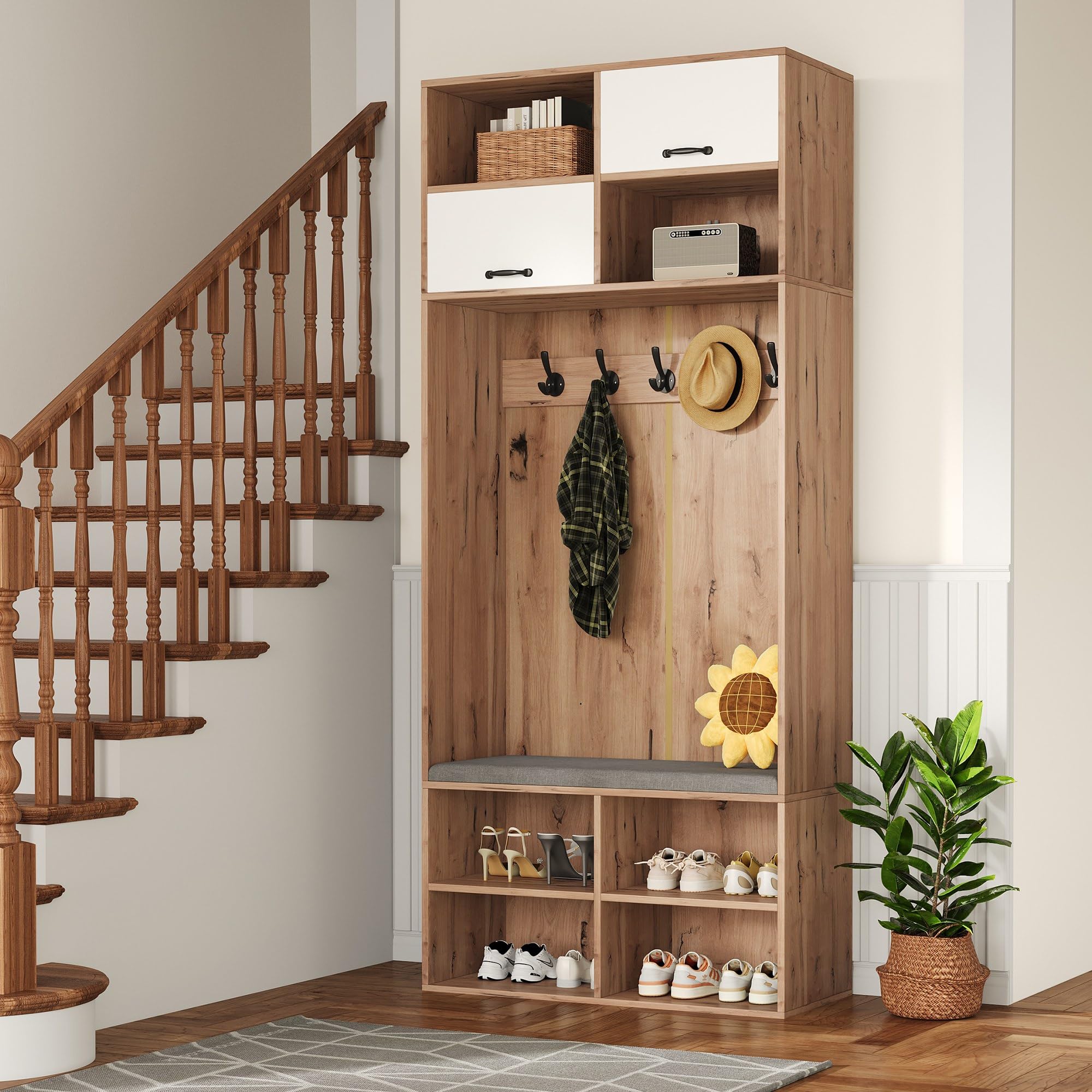 Garderobenset, Komplett-Set Flurgarderobe mit Sitzbank, 5 Haken, 2 Türen & 6 Offener Lagerraum - Naturholzfarbe und Weiß, 80×185×35 cm