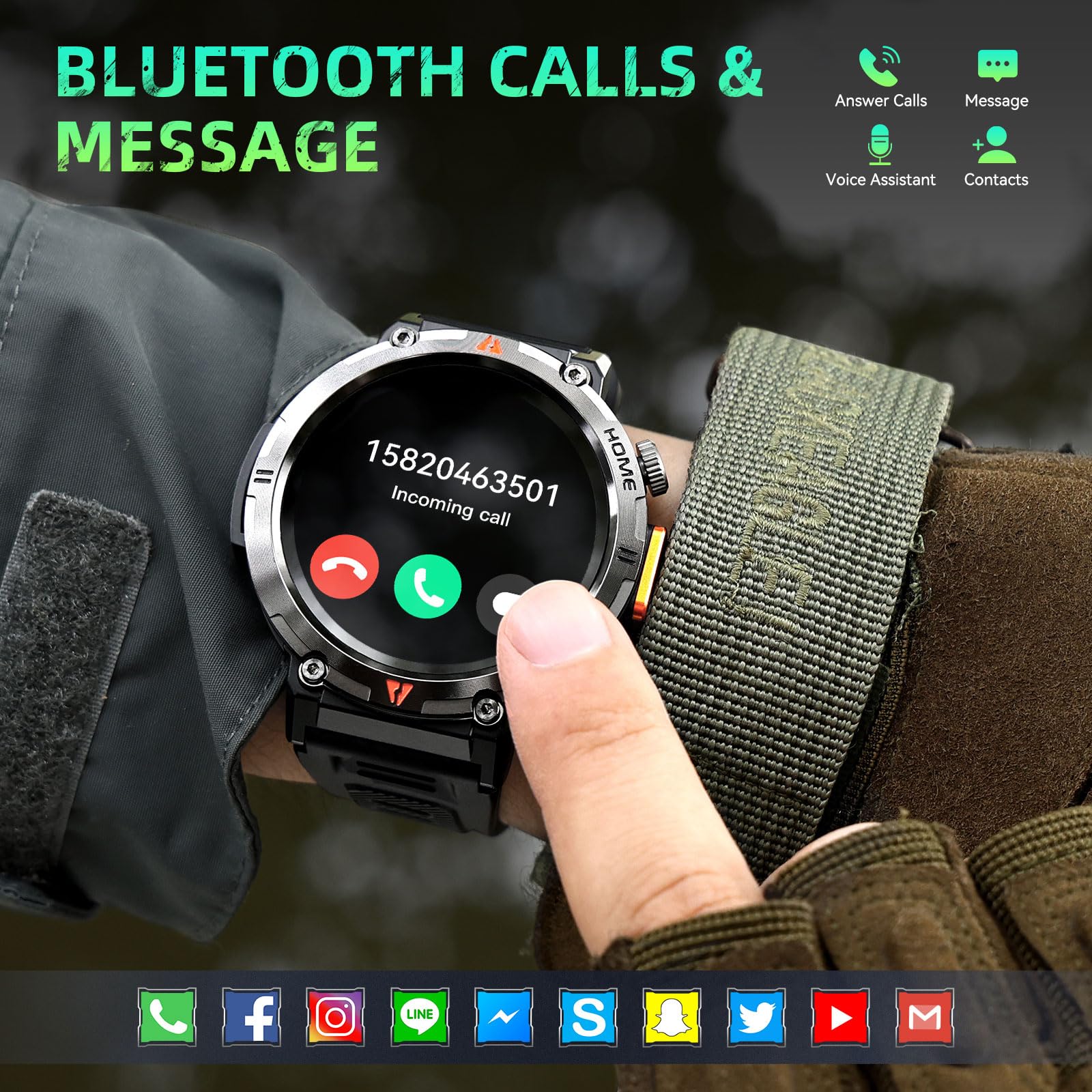 GPS Smartwatch Militare Uomo Impermeabile 3ATM con Torcia LED Bussola, 1,45" HD Rugged Smartwatch Orologio con Chiamate Bluetooth, Fitness Watch con Cardiaca SpO2 Notifiche WhatsApp per Android iOS