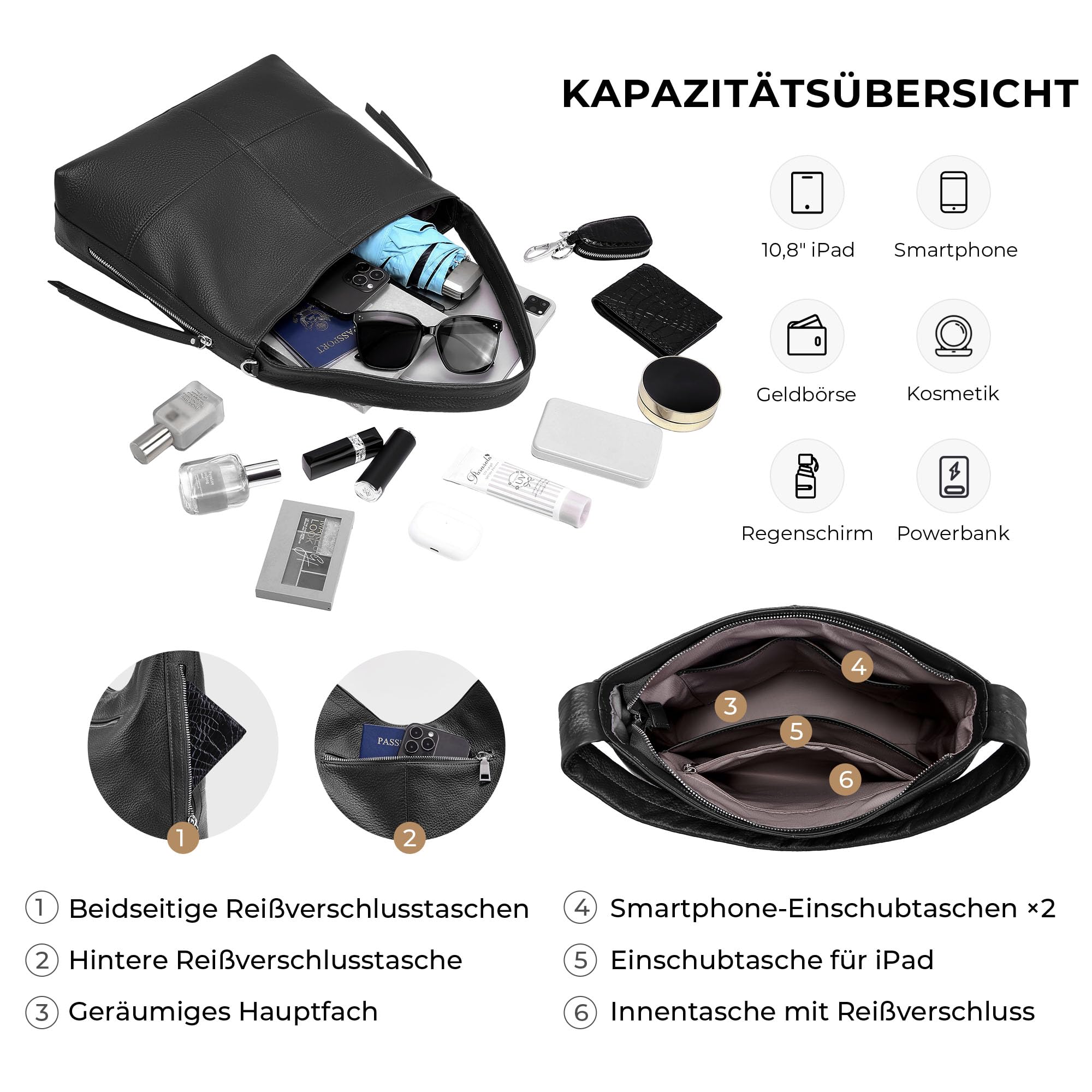 Hobo-Tasche aus echtem Leder für Damen, Crossbody-Tasche, Arbeitstasche, Designer-Schulterhandtaschen mit 2 Riemen
