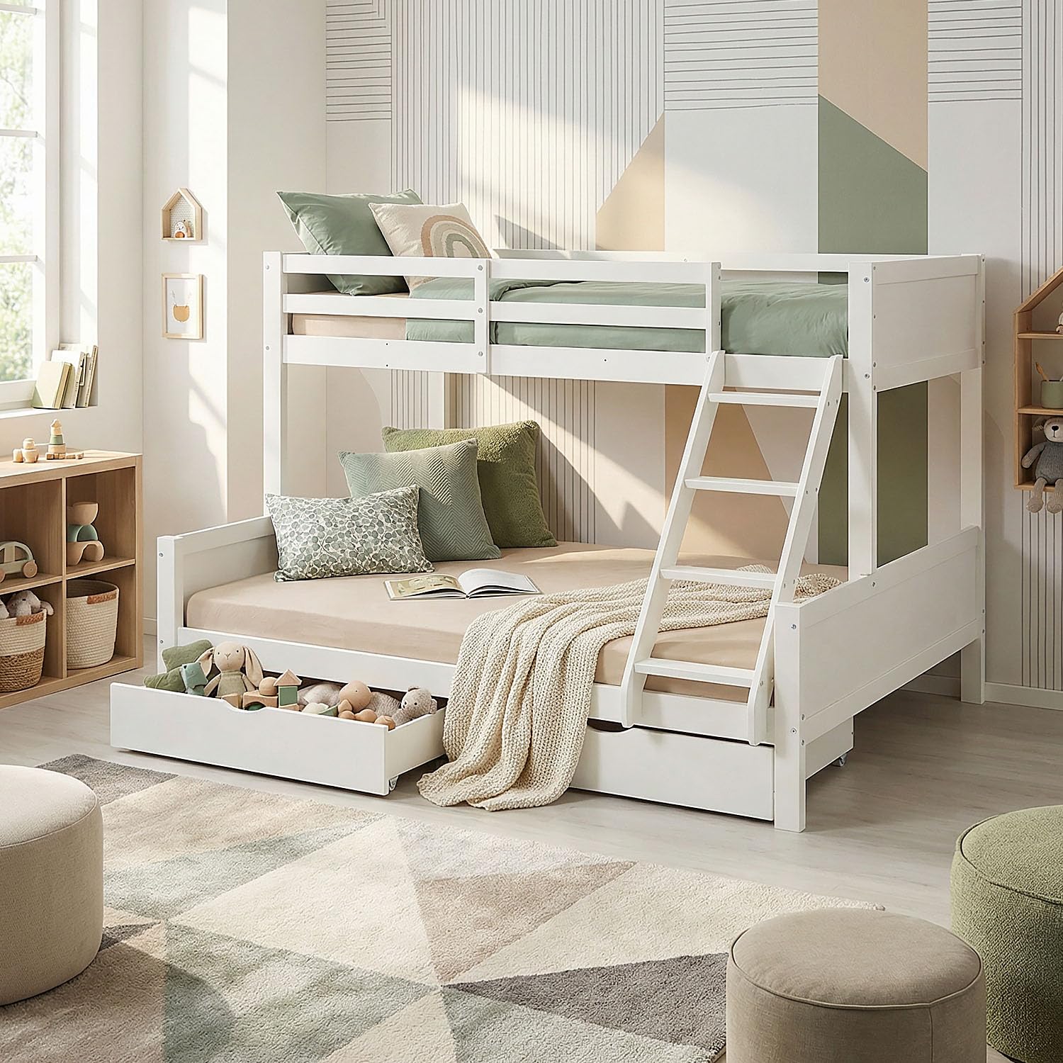 Homestyle4u Etagenbett 90x200, Hochbett mit Bettkasten, Etagenbett 140x200 mit 2 Matratzen und Lattenrosten, Stockbett Kinder Holz weiß, Doppelstockbett 90x200 und 140x200 mit Bettkasten und Matratzen