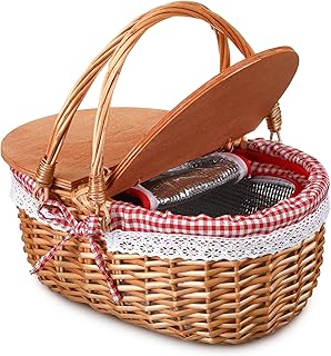 Wicker Insulated Picnic Basket with Lid Wicker Picnic Basket with Folding Handles and Insulated Cooler Bag for Camping Outdoor Easter Valentine Birthday Gift(Red Plaid)