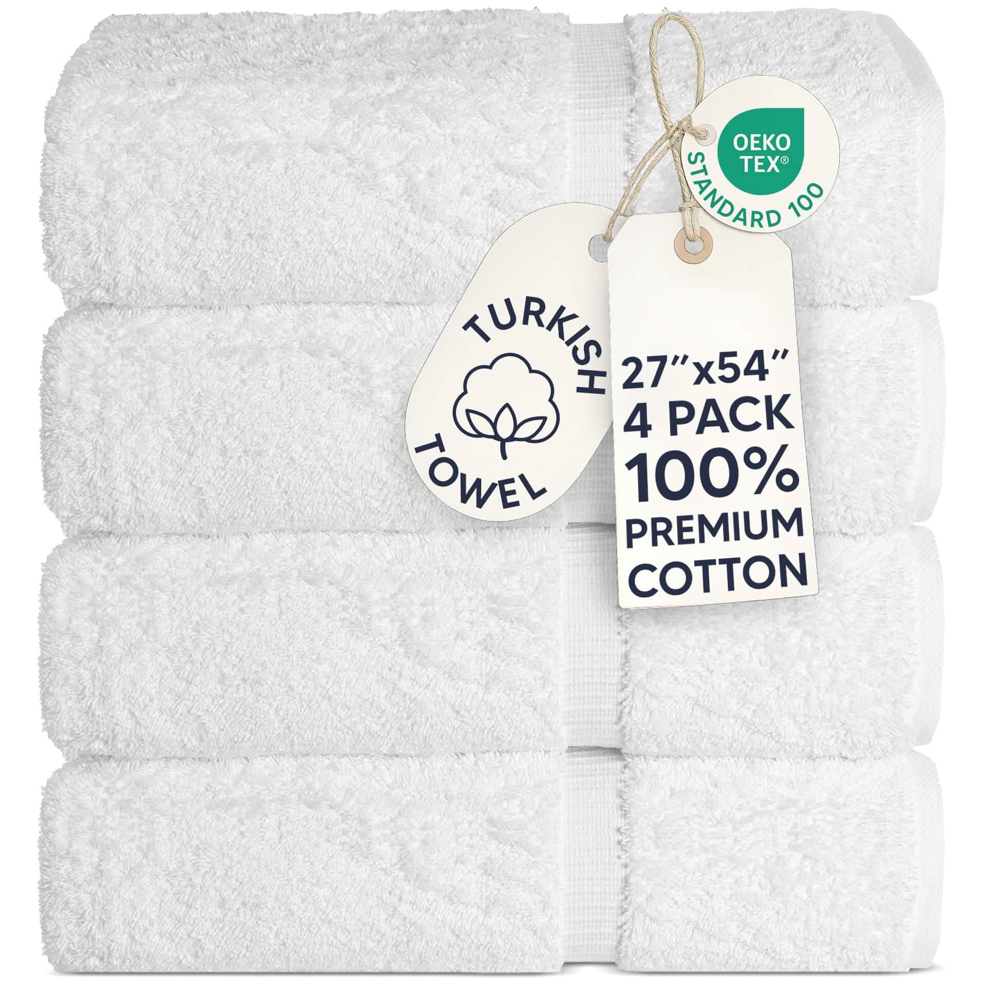 Chakir Turkish Linens 100% Cotton 4-Pack Bath Towels 27x54, White Premium Cotton Turkish Bath Towels, Set Of 4 At 27x54, Oeko-Tex Certified, Soft Plush And Absorbent