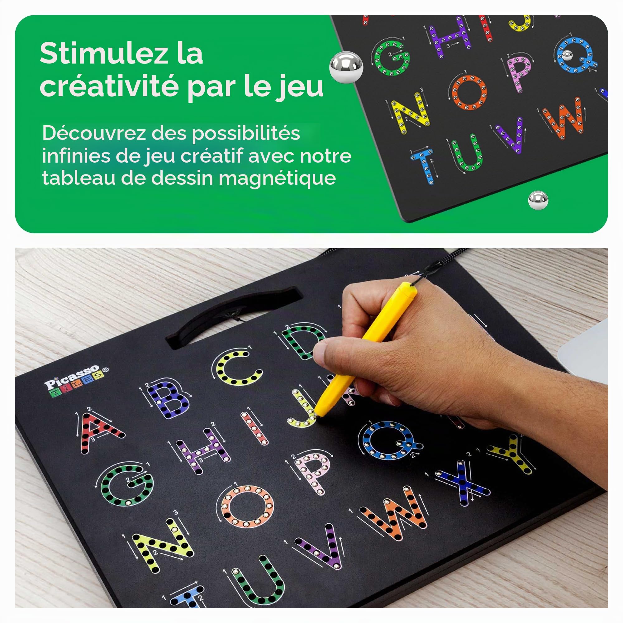 PicassoTiles Tableau alphabet magnétique double face 2 en 1 ABC A-Z lettres majuscules et lettres minuscules tableau de lecture 30 x 25 cm grand support magnétique pour tablette ensemble ouvert