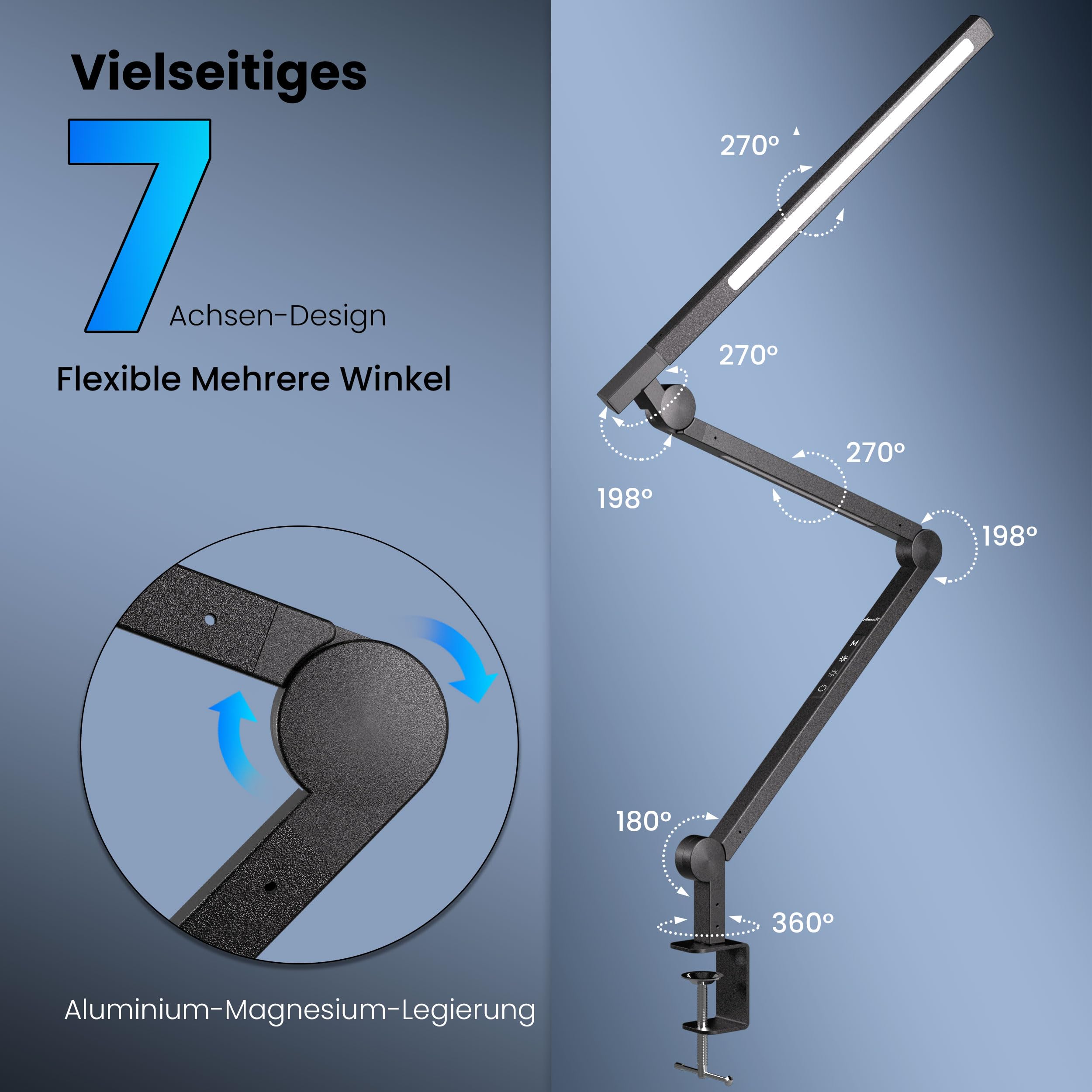 AmazLit Schreibtischlampe, Schreibtischlampe LED Dimmbar 12W, Doppelte Lichtquelle Schwenkarm Architektenlampe, Einstellbare Farbtemperatur Tischlampe Klemme,Bürolampe mit Fernbedienung