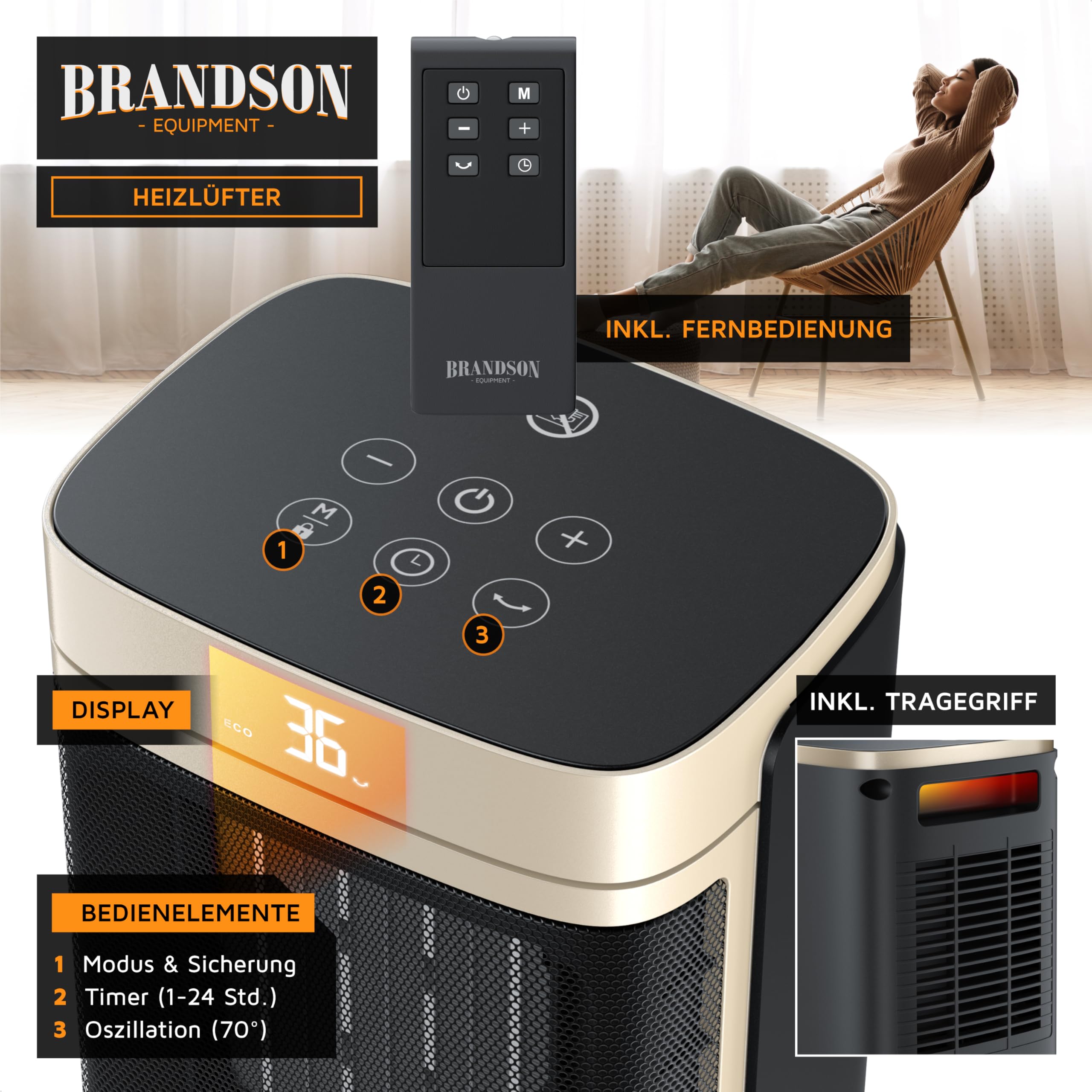 Brandson - Heizlüfter ECO Design - mit Fernbedienung - ECO Modus für energiesparenden Betrieb – Oszillation - 2 Heizstufen - Überhitzungs- und Umkippschutz - Badezimmer Schlafzimmer Baby Kinderzimmer