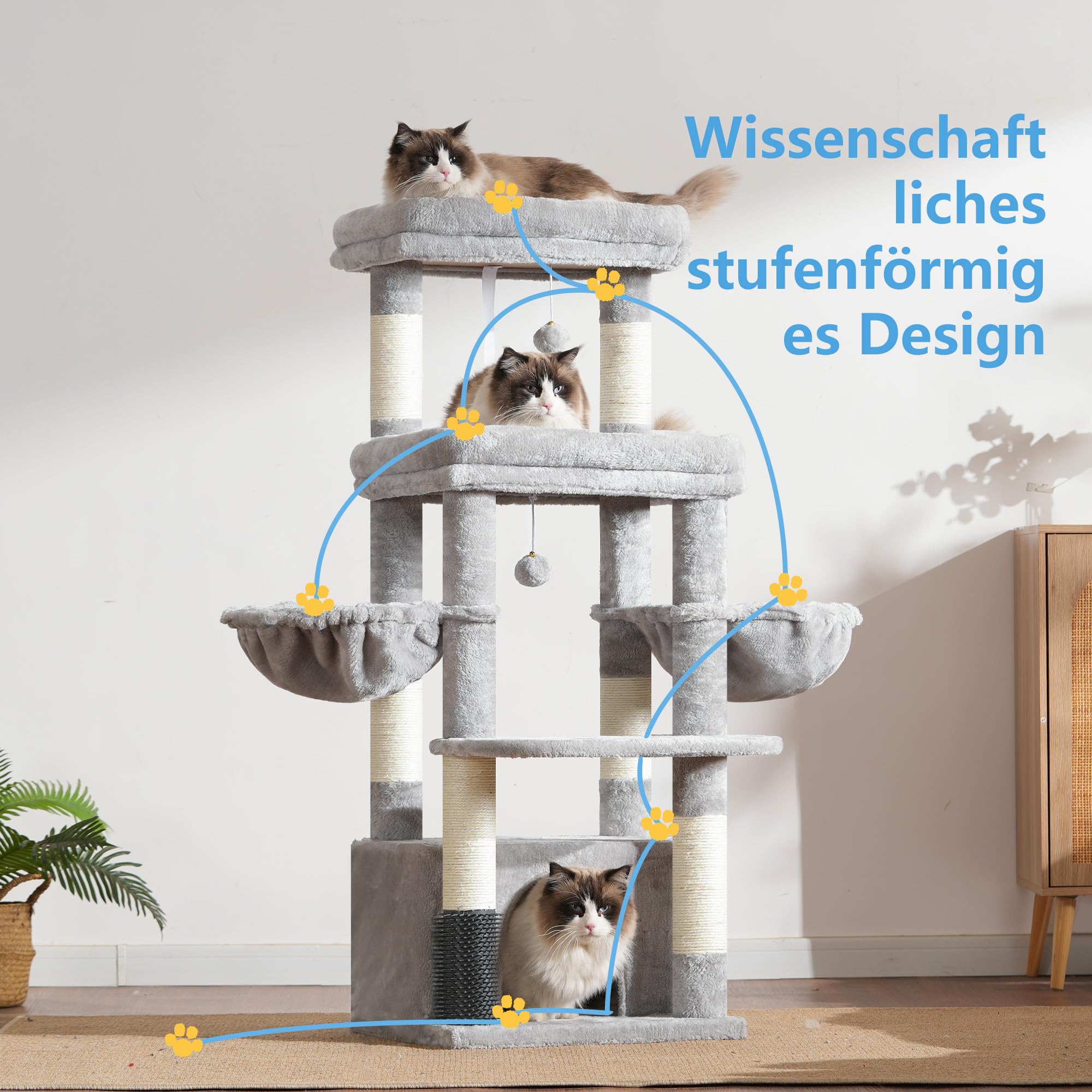 Hey-brother Kratzbaum für große Katzen, mit 2 Grosse Plattformen, MPJ070W | 130 cm Katzenbaum für Maine-Coons, symmetrische Struktur, Stabil, 2 korb, große Katzenhöhle, Kämmmaschine, Hellgrau
