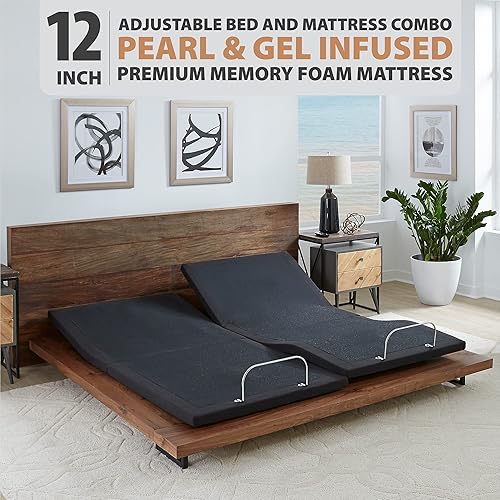 Miniatura 5 de Blissful Nights Ananda - Colchón de espuma viscoelástica con infusión de perlas y gel frío de 12 pulgadas con base de cama ajustable de primera