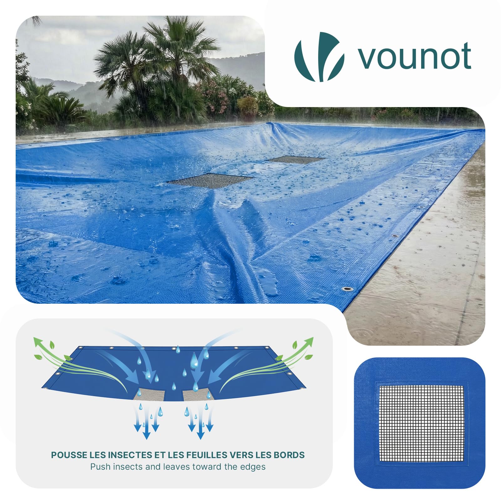 VOUNOT® Telone Rettangolare per Piscine 10 x 5 m, Telo di Copertura per Piscina in PE da 160 g/m² con Rete di Drenaggio Centrale Coperta Protezione, Blu-Grigio