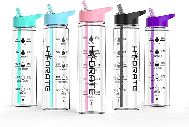 HYDRATE Water Bottles Motivational premium 900ml water bottles with straw  Daily water intake with Time Markings, BPA-Free. Leak proof Ideal for hydration at office, gym. (Pink)