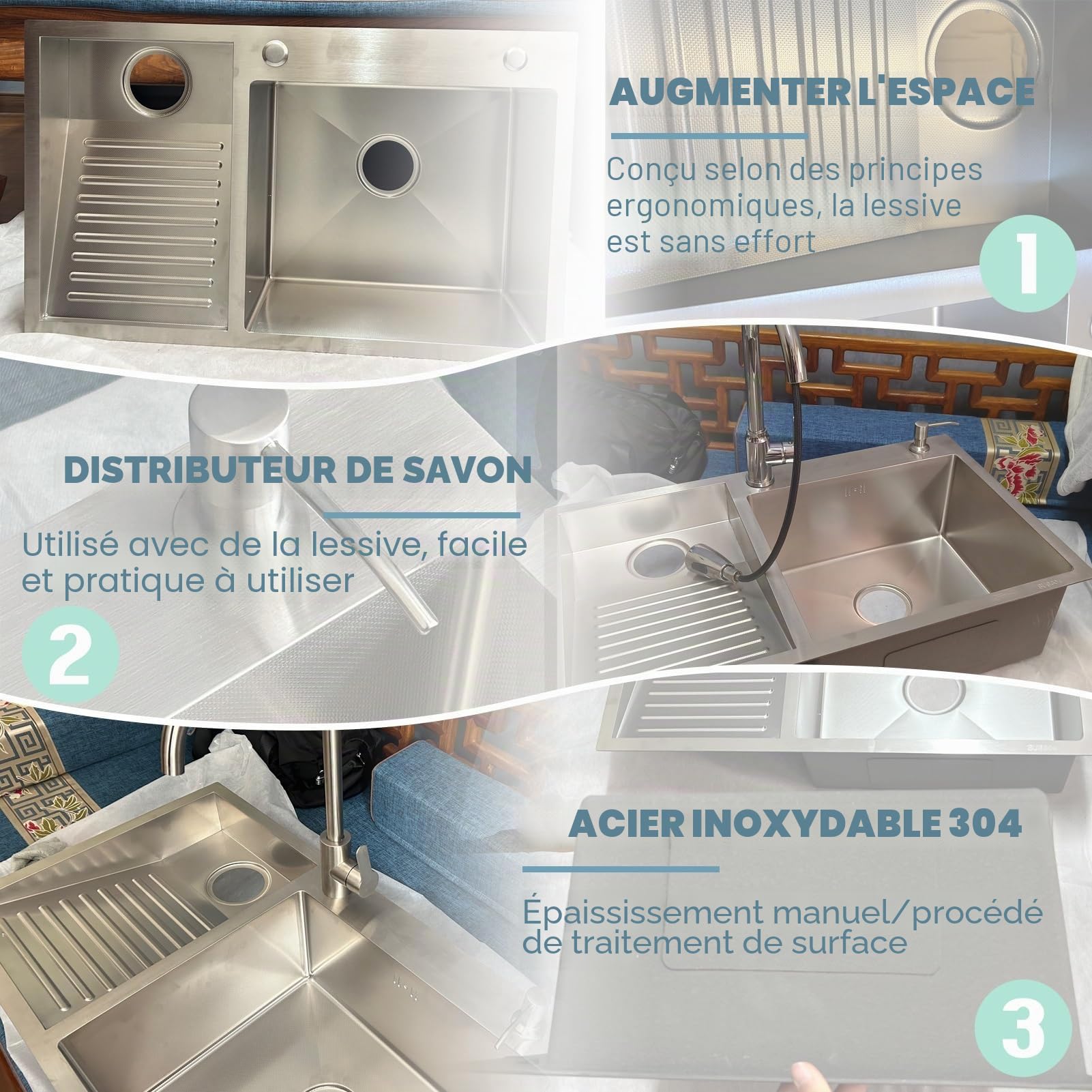 Évier Utilitaire En Acier Inoxydable SUS 304 - Double Cuve Avec Planche À Laver Intégrée Évier À Linge, Facile À Nettoyer, Pour Buanderie, Salle De Bain, Cuisine Et Garage(Silver-L,80x48cm)