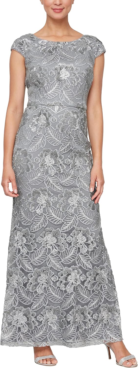 Alex Evenings Women's Long Embroidered Cap Sleeve Dress