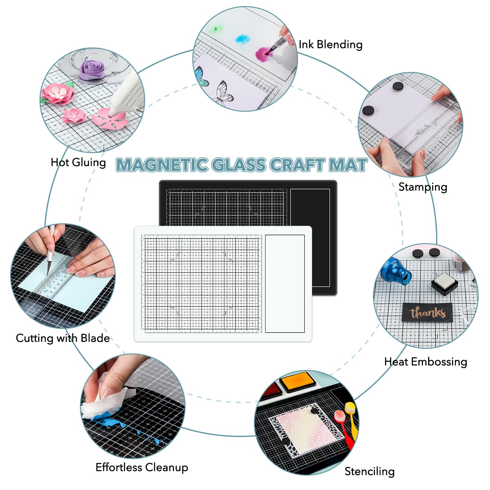 Set di 9 tappetini magnetici in vetro, 40 x 26 cm, resistenti al calore, con magneti, griglie e misurazioni, per taglio, stampaggio, tecnica mista, goffratura a caldo e progetti di colla a caldo