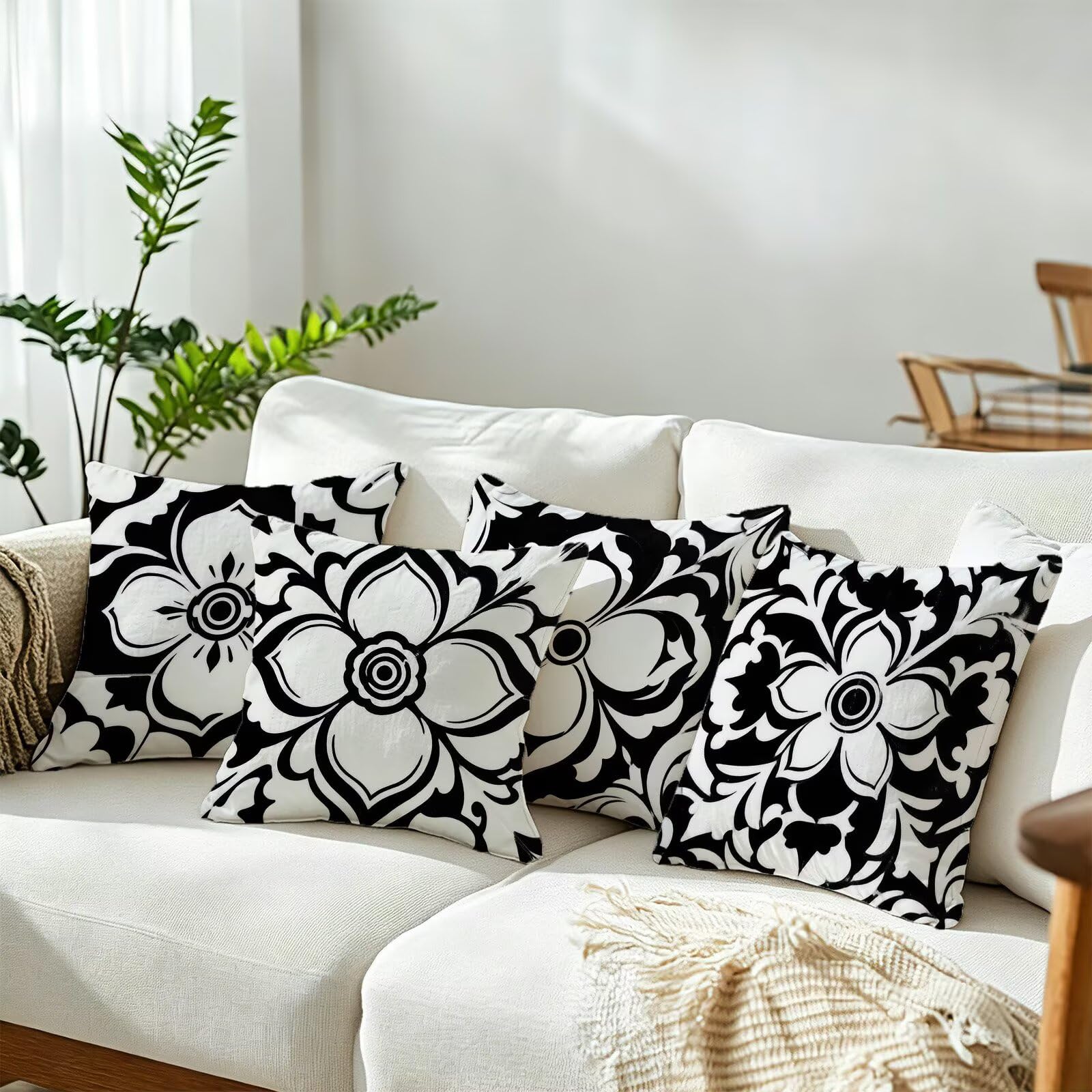 Nero Federe Cuscini Divano 50x50cm, Cuscini da Esterno Set de 4, Cod-87 | Lin Copricuscini Decorativi Letto Arredo, per Letto, Soggiorno, Giardino, Esterno, Casa Decorazione Set di 4 Geometria