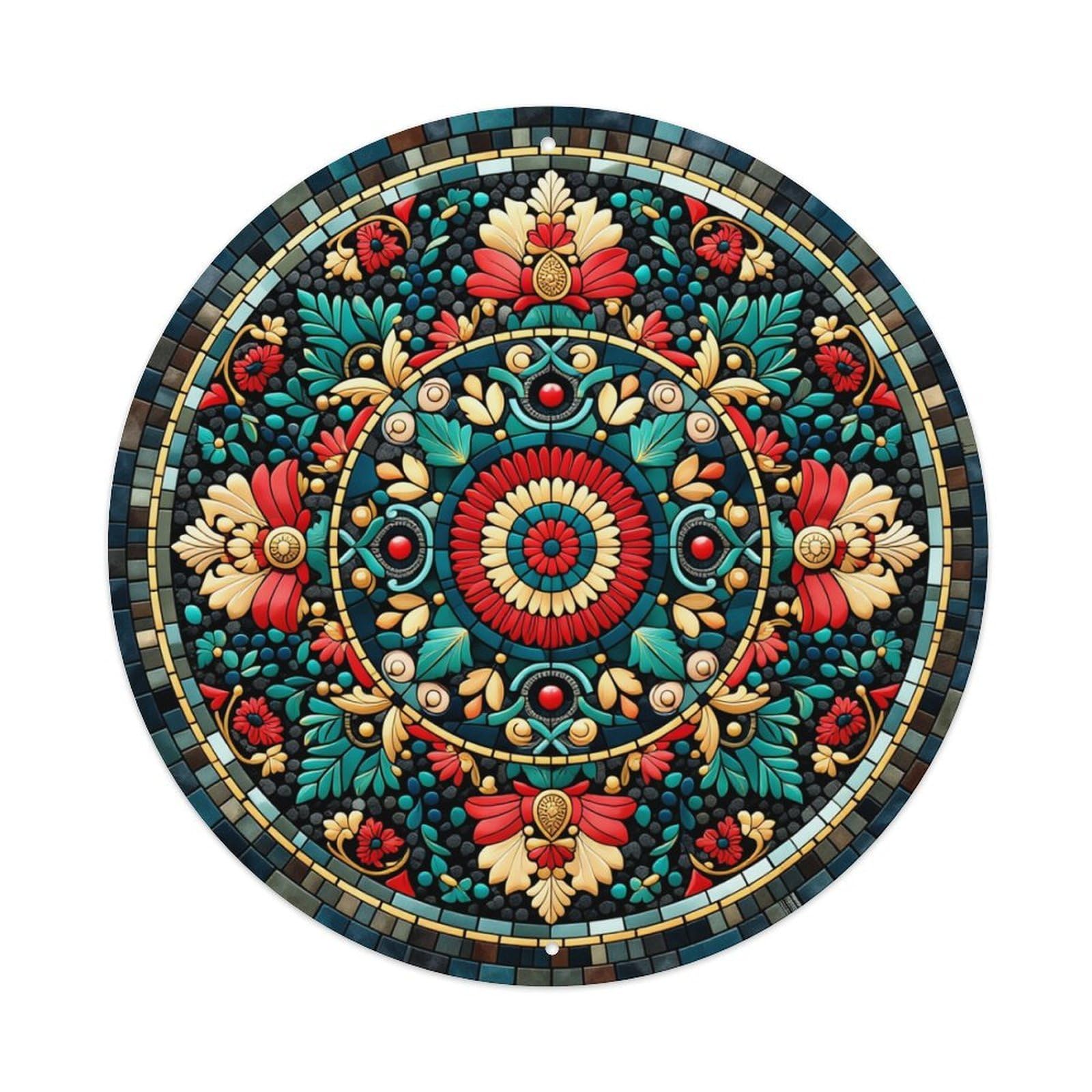 Circular Floral Mosaic Pattern Design Round Tin Sign Retro Metal Sign for Cafe Bar Pub Home Game Room Gym Club Wall Decoration Vintage Metal Poster 8x8 Inch