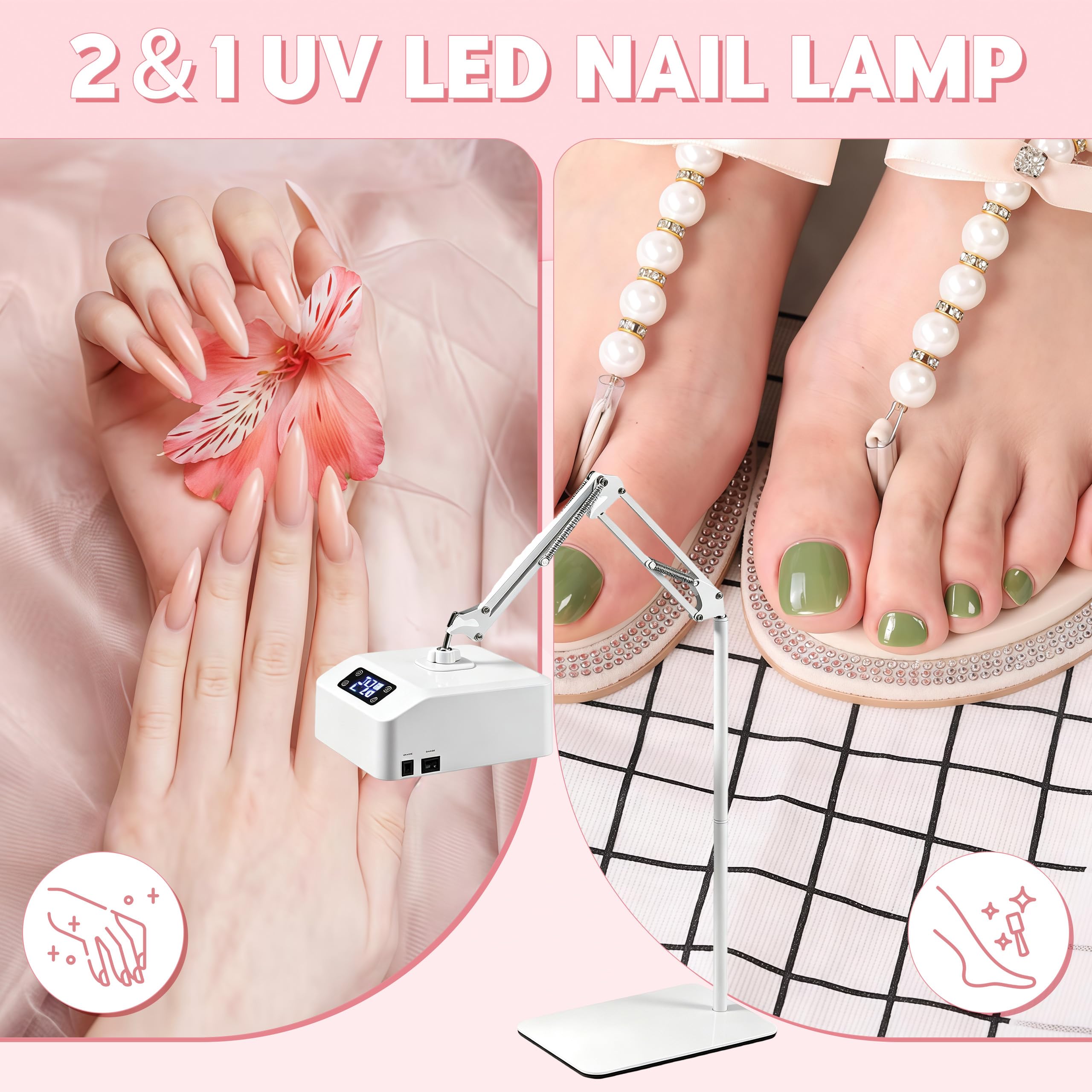 Lámpara de uñas UV, lámpara LED de uñas con temporizador 15/30/60/90s, lámpara colgante de pedicura con soporte y base, lámpara UV recargable para uñas de gel, dedos y pies