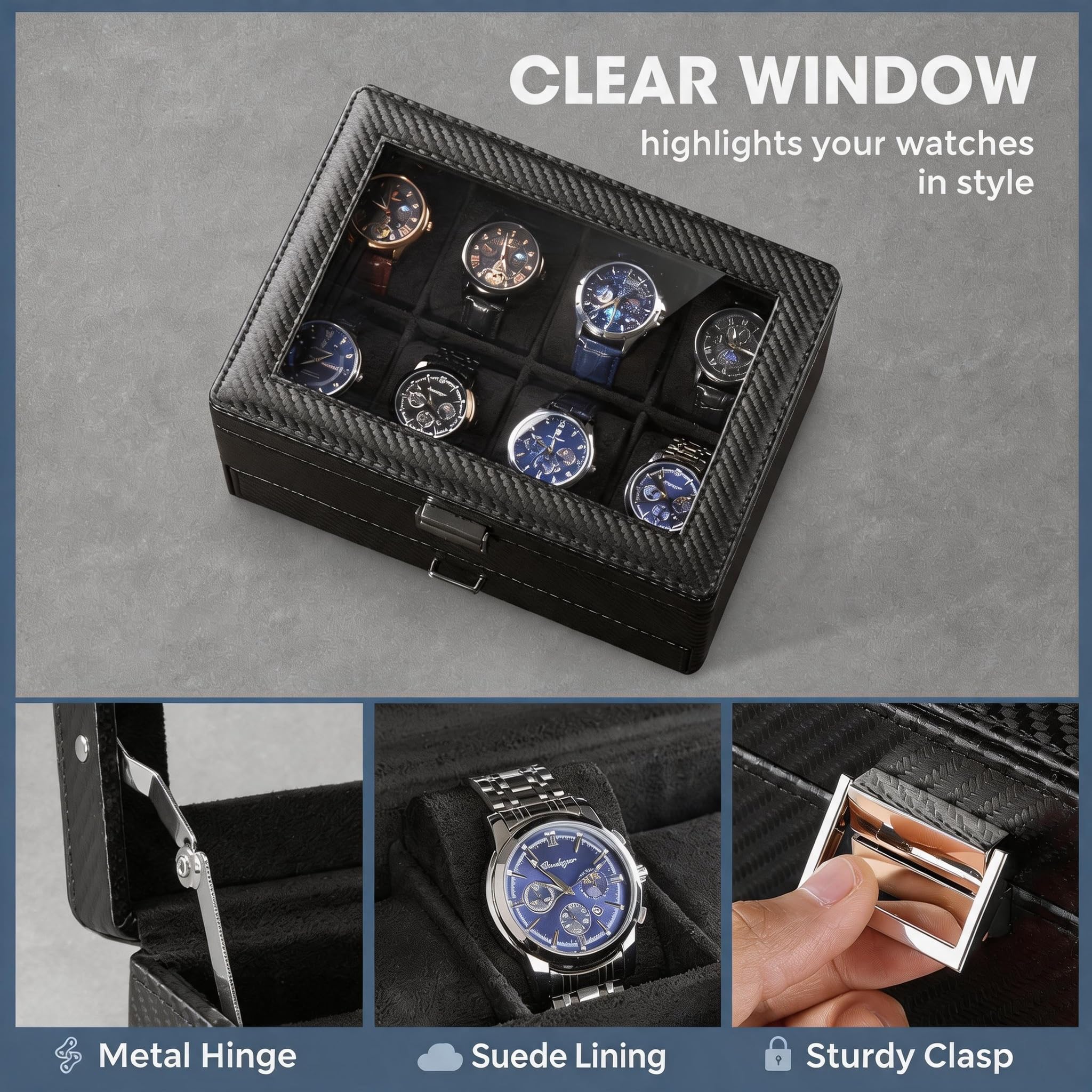 ProCase 8 Slot Scatola Orologio per Gli Uomini, Gioielli Organizzatore Scatola con Cassetto, Mostra Custodia con Coperchio di Vetro -Tutto Nero