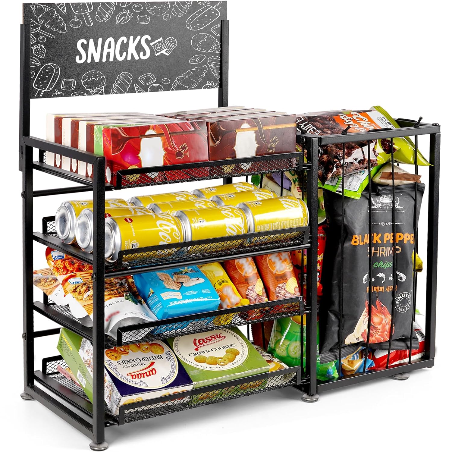 Bfttlity 4-Tier Snack Organizer for Countertop, Metal Candy Display Rack with Pull-Out Shelf, Chips Snack Display Holder for Counter with Baskets Frame for Kitchen Office Store Retail Display