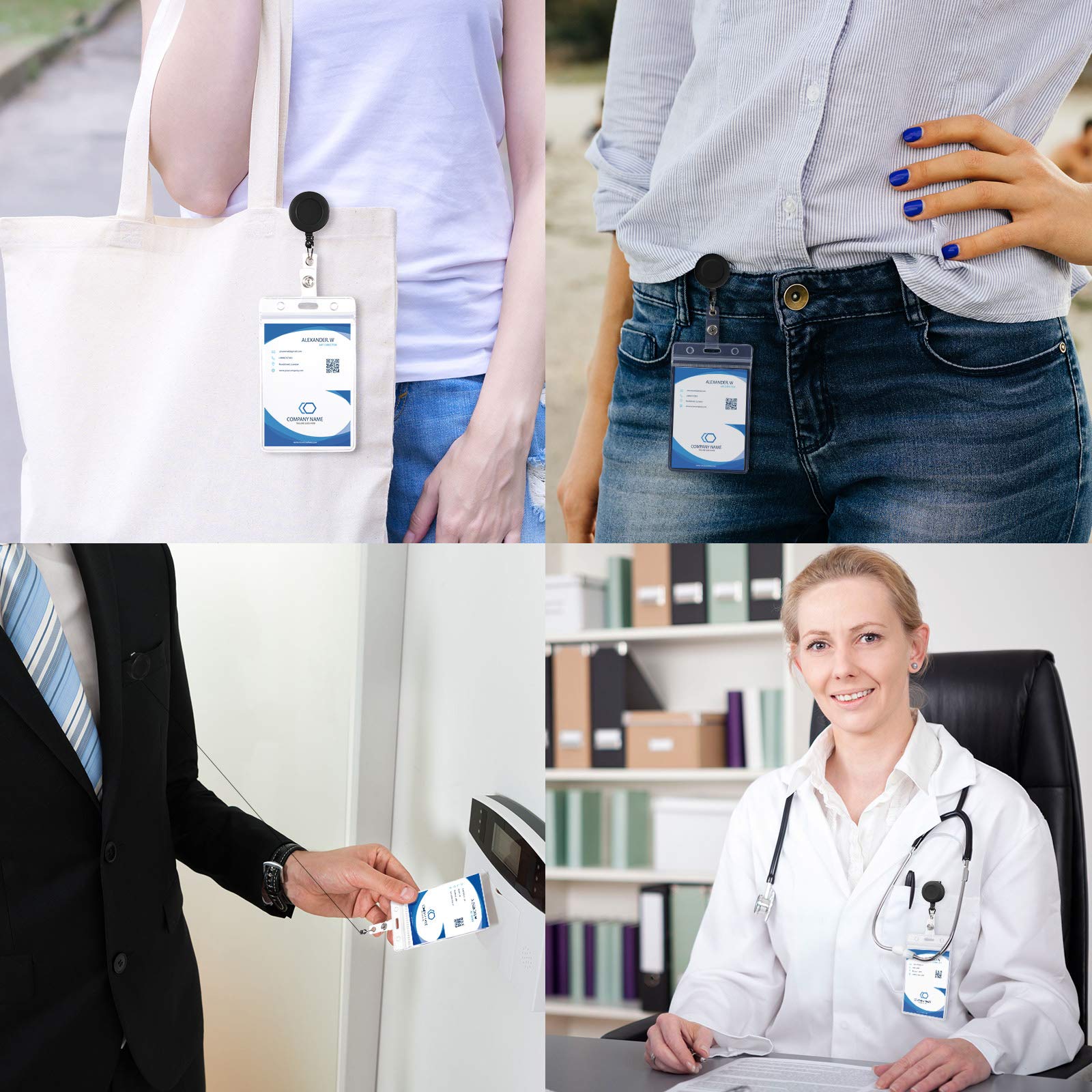 50 bobine retrattili per badge con clip a coccodrillo girevole, porta carte d'identità, clip per badge per studenti, insegnanti, lavoratori in ufficio (nero)