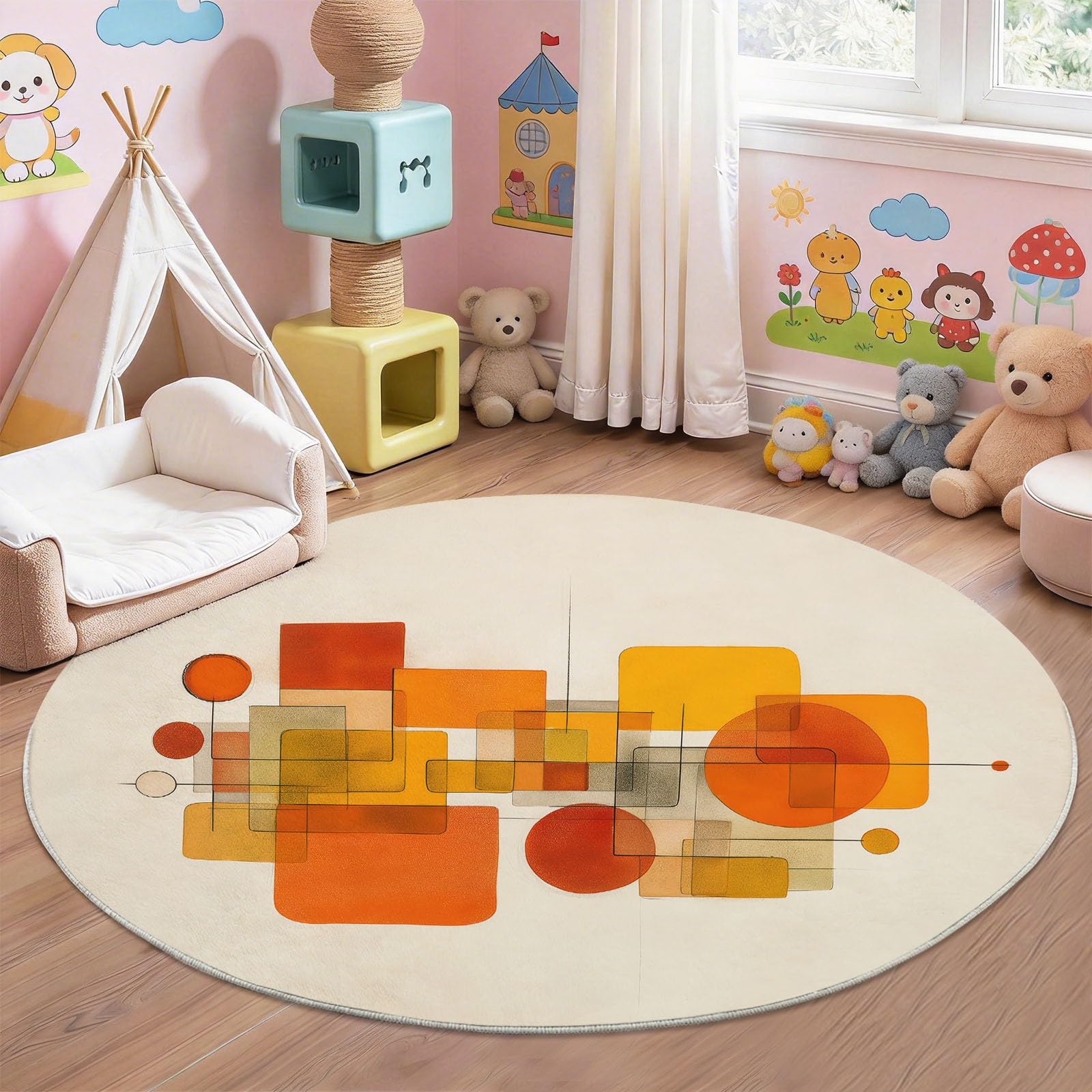 Abstrakt Farbblöcke Runder Teppich rutschfest 120 cm für Esszimmer & Flur, Beige für Esszimmer & Flur, Mid-Century Geometrisch Linien Weicher Kurzflor Teppich Waschbar Pflegeleicht